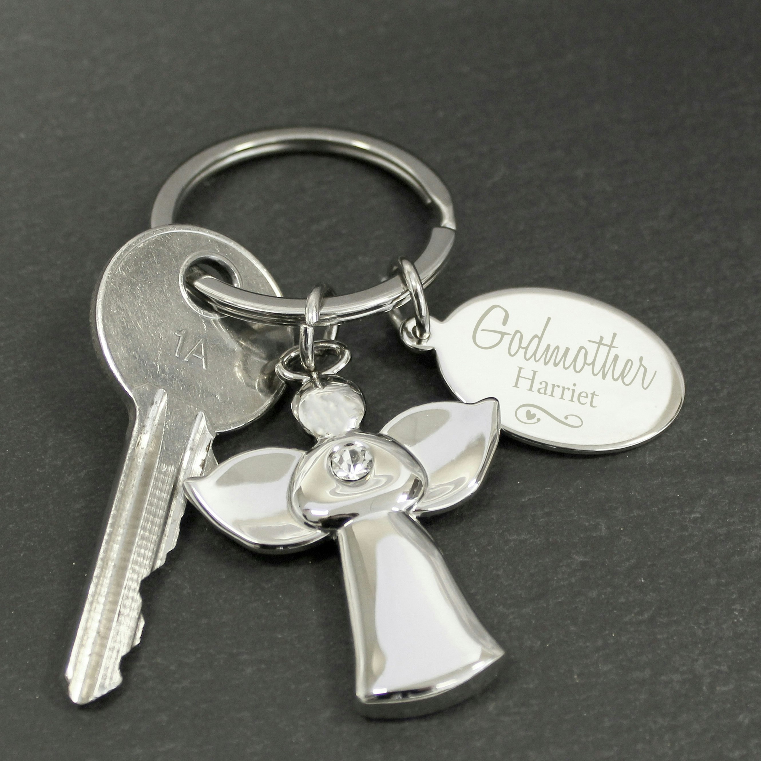Personalised Memento Company Silver Personalised Plated Swirls & Hearts Godmother Angel Keyring