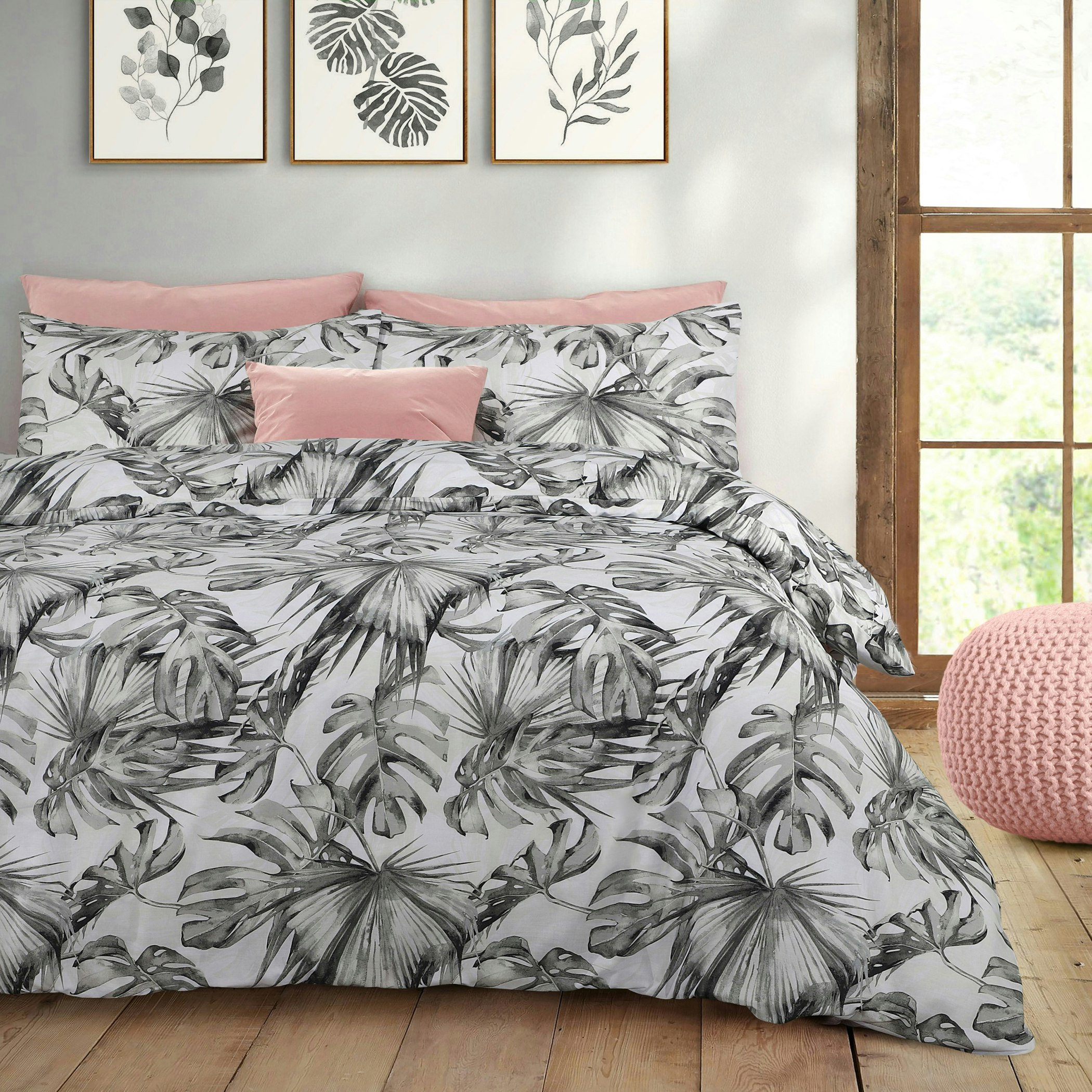 Velosso Grey Tropical Leaf Printed Cotton Blend Duvet Cover And Pillowcase Set - Double