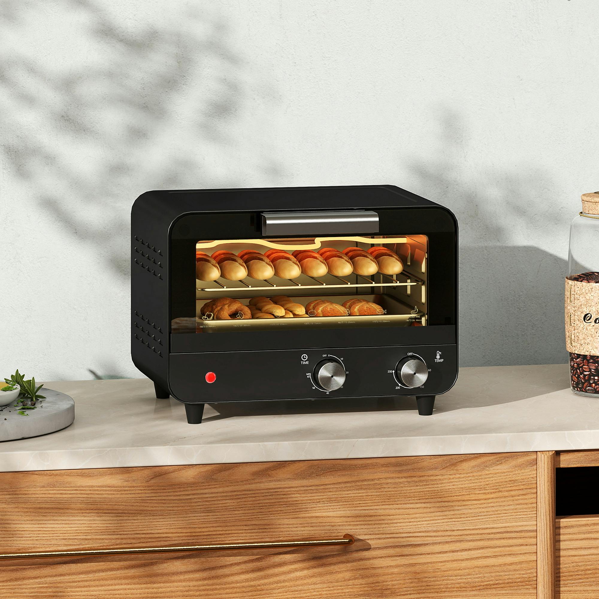 Homcom White Small Toaster Oven, 12L Mini Countertop Oven With Glass Door, - Stainless Steel, Tempered Glass, Plastic - Toaster Oven - 1