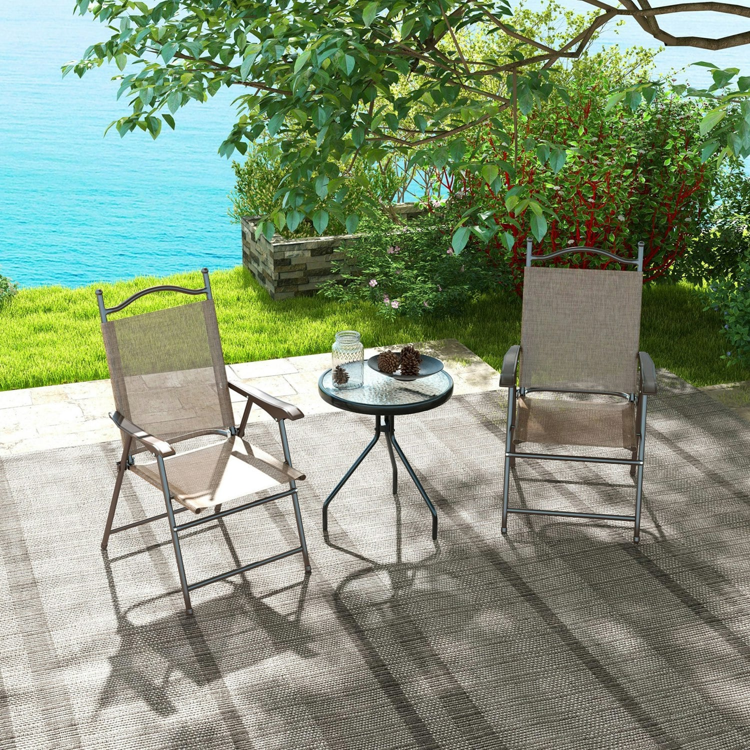 Rackhams Brown Folding Chairs Set, Breathable Mesh Fabric Seat, Mixed - Mixed - Steel, Mesh Fabric - 56Cm X 62Cm X 97Cm