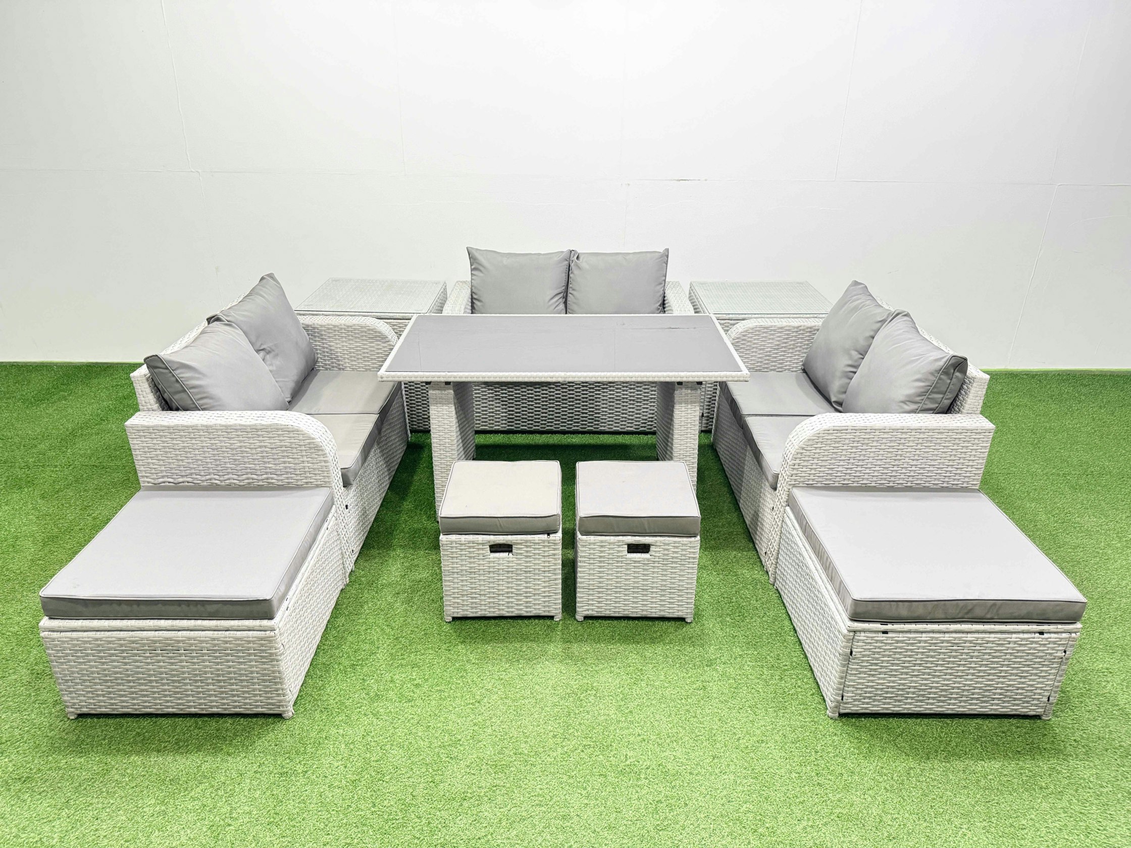 Fimous Black/Light/Grey 10 Seater Patio Garden Furniture Sets With Glass Top Dining Table Love Sofa 4 Stools