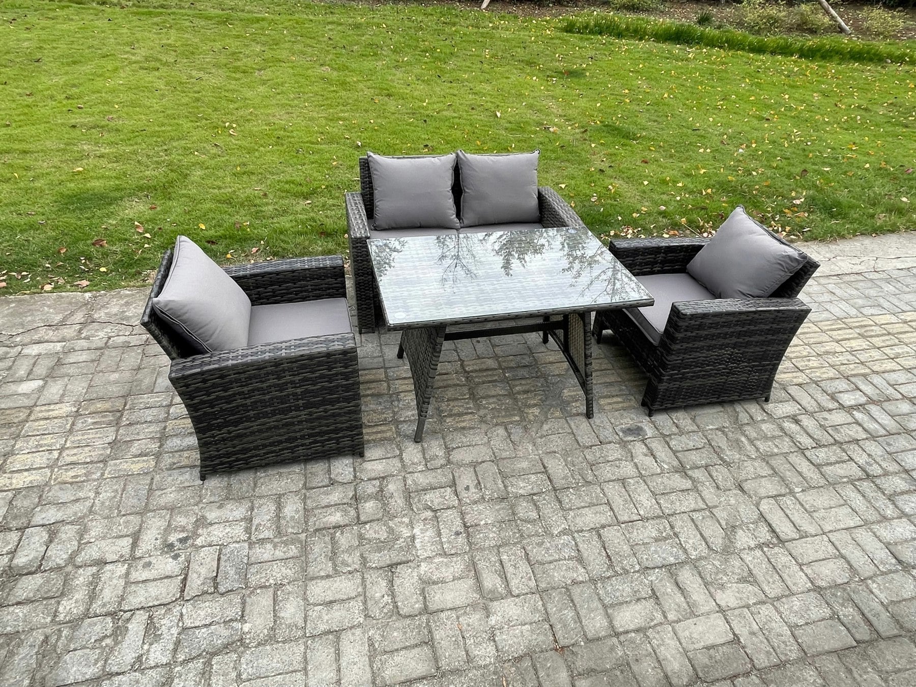 Fimous Dark/Grey Outdoor Garden Furniture High Back Rattan Sofa Dining Table Set Mixed