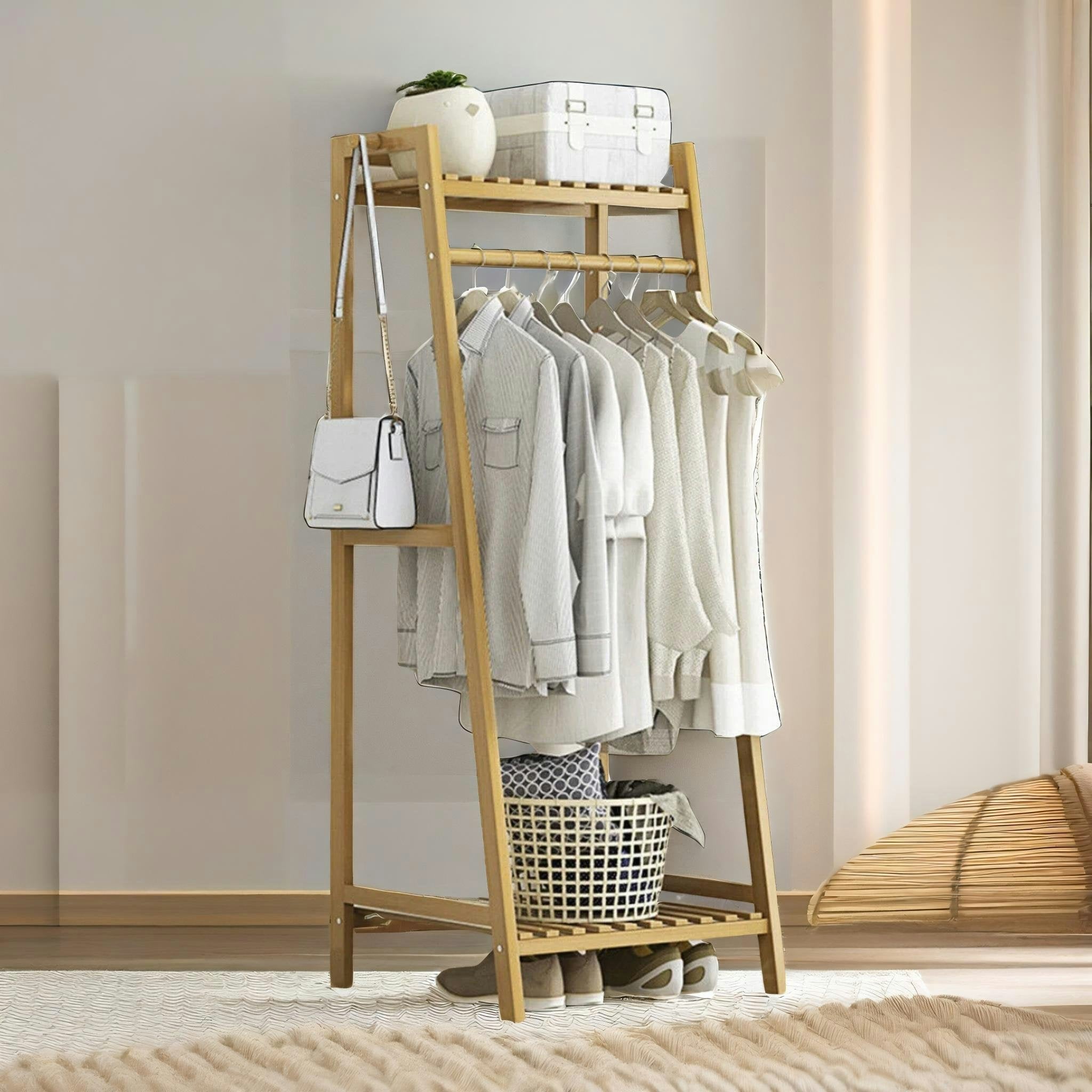 Rackhams Brown Tall Wooden Clothing Rail With Shelves