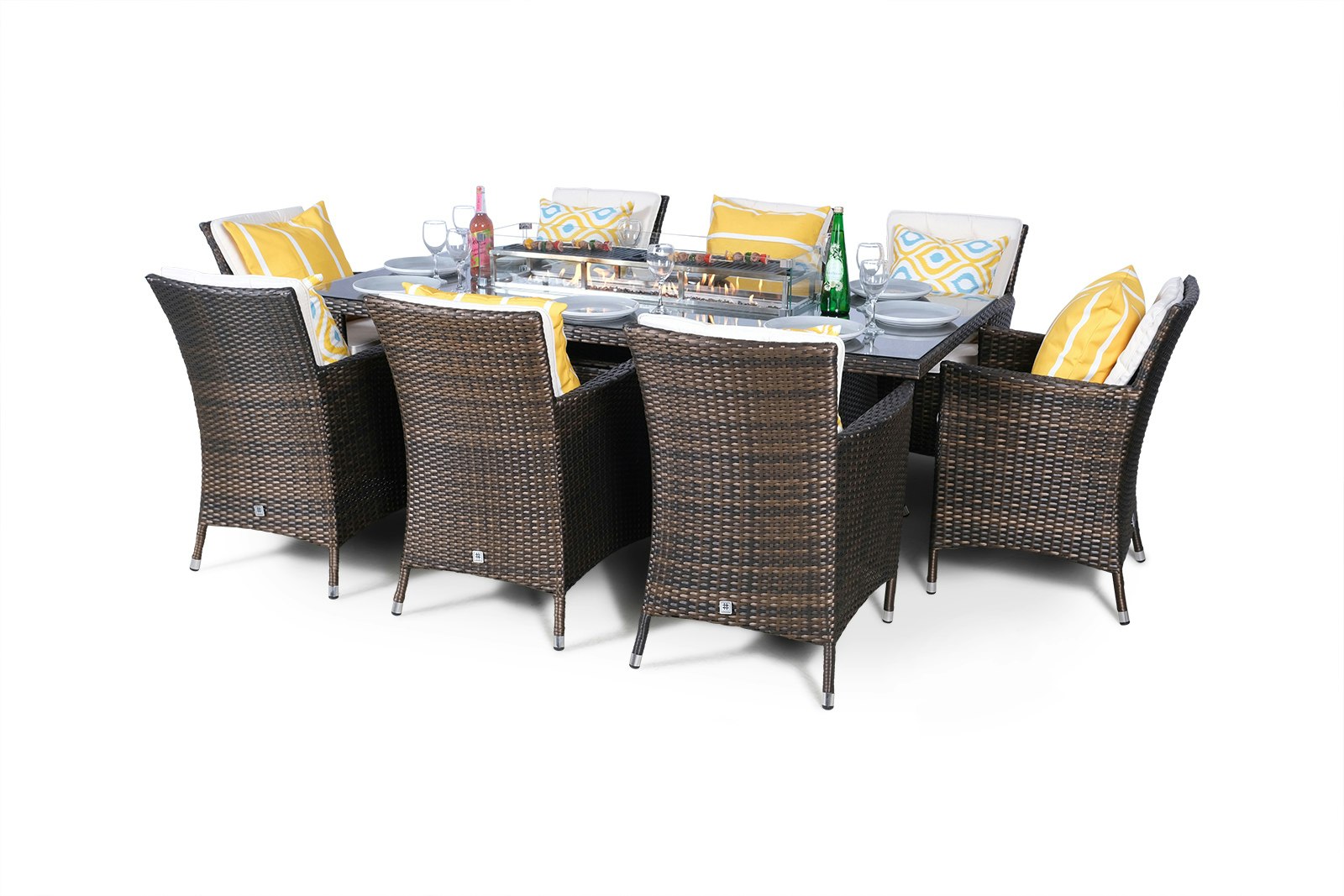 Rackhams Brown Savannah Fire Pit 8 Seater Rectangle Rattan Dining Set - 1