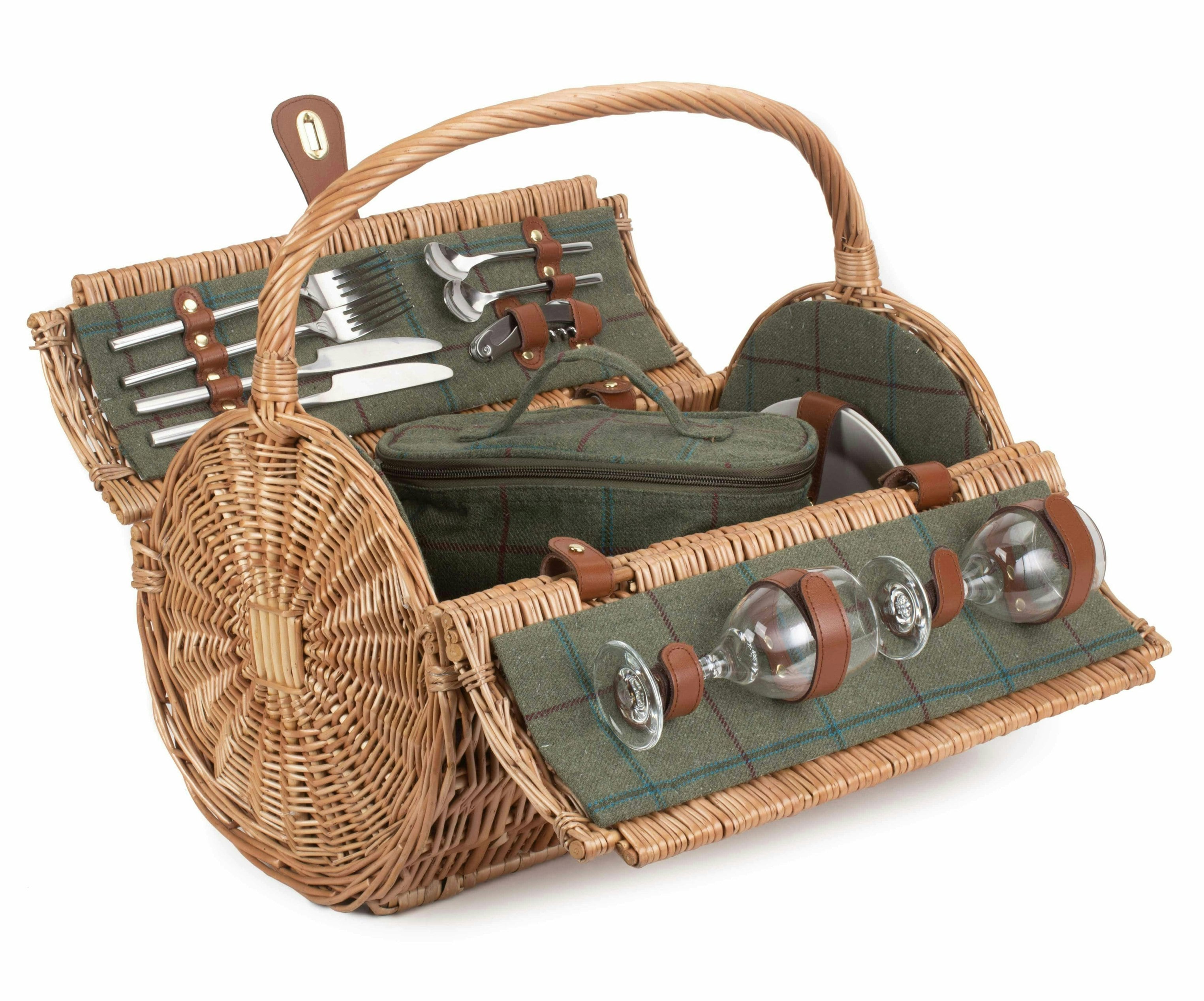 Rackhams Green 2 Person Tweed Barrel Wicker Picnic Basket - 2 Person