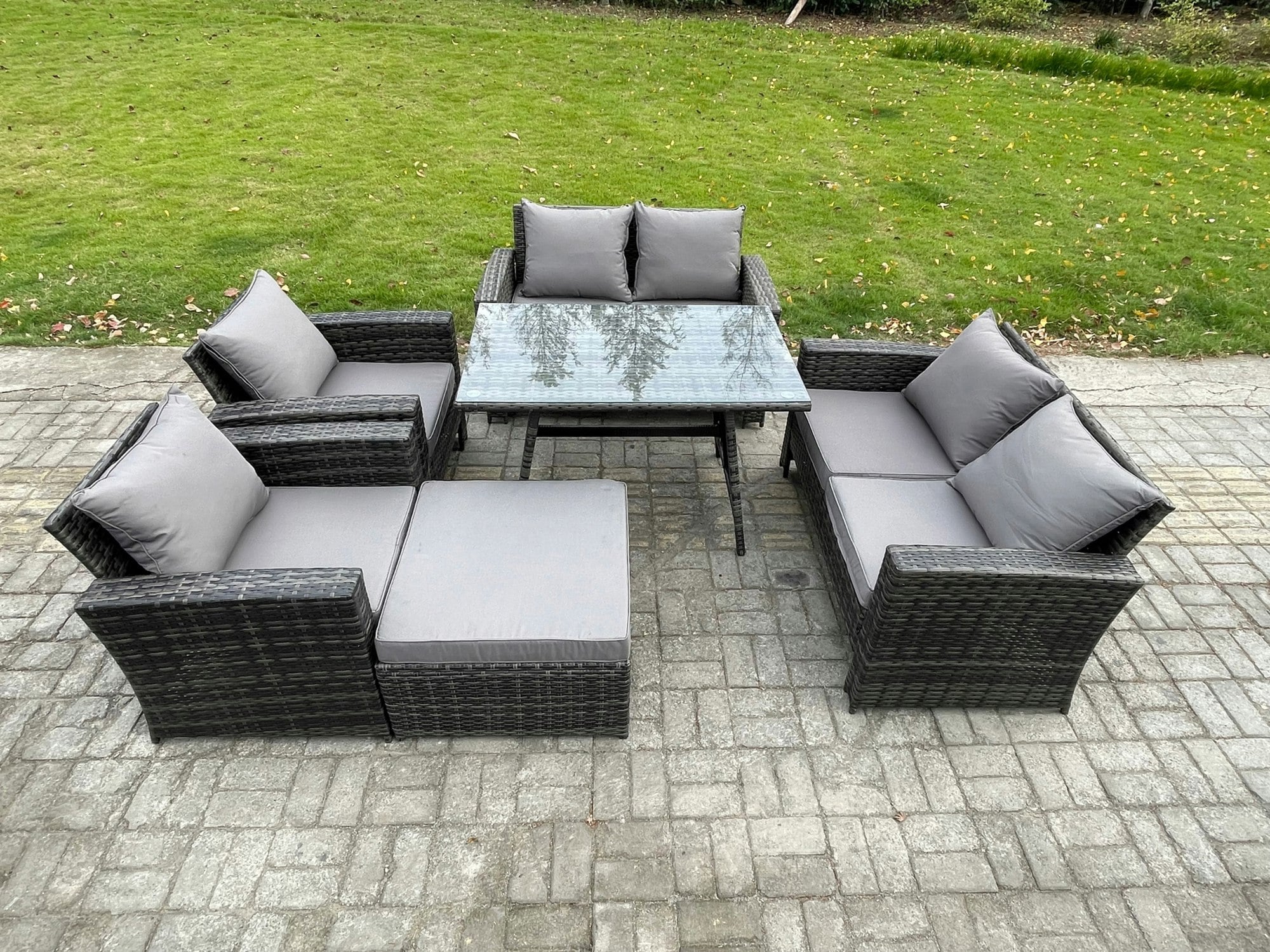 Rackhams Dark/Grey Rattan Garden Furniture Set 7 Seater Patio Outdoor Lounge Sofa Set With Rectangular Dining Table Love Seat Sofa Mixed