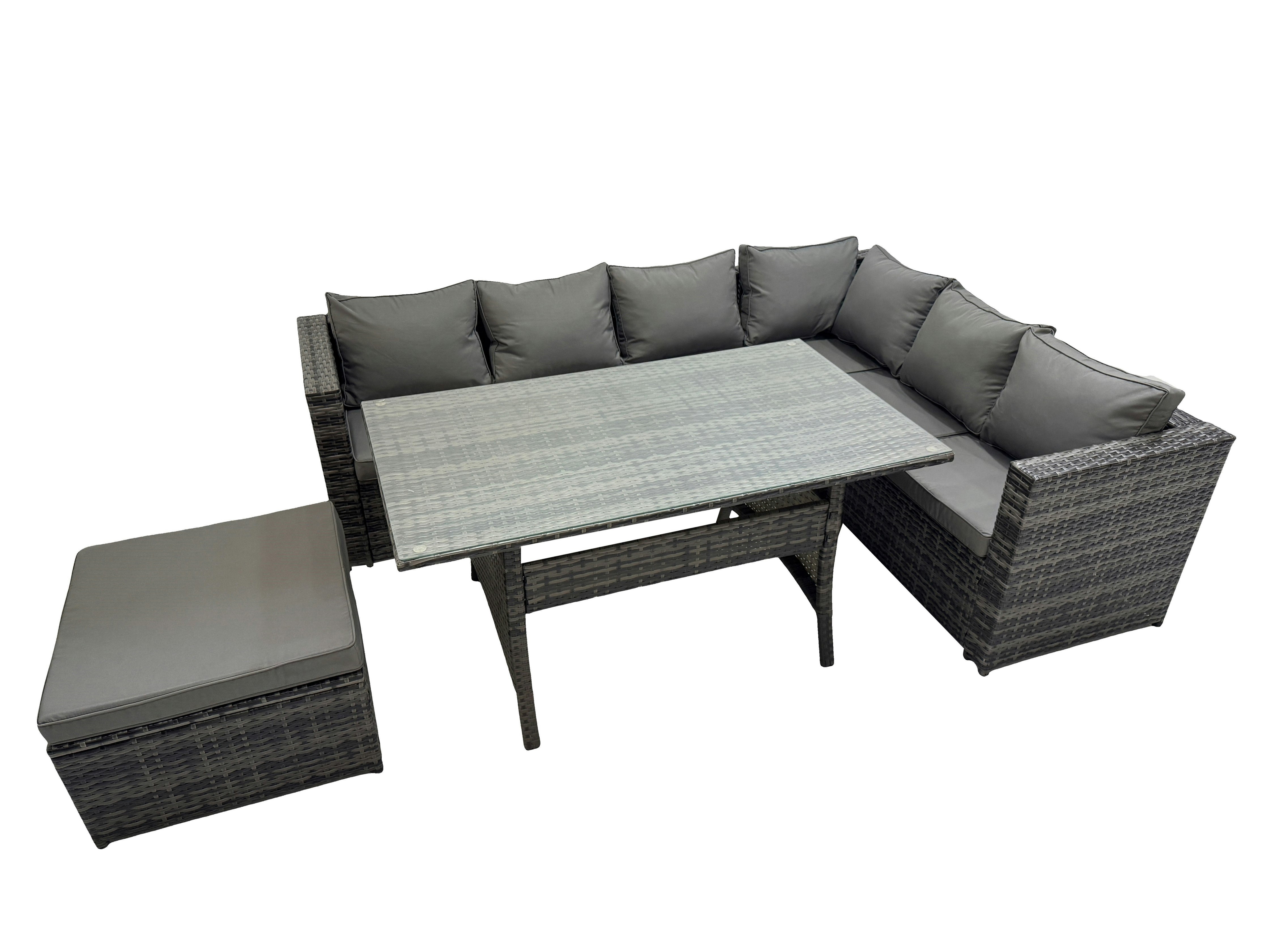 Rackhams Dark/Grey Rattan Garden Furniture Set Outdoor 7 Seater Patio Dining Corner Sofa Sets With Dining Table Big Stool Mixed