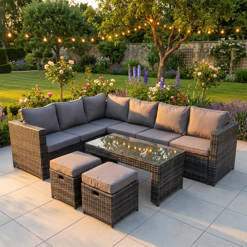 Rackhams Dark/Grey 8 Seater Rattan Left Hand Corner Sofa Set With Coffee Table & 2 Stools - Mixed