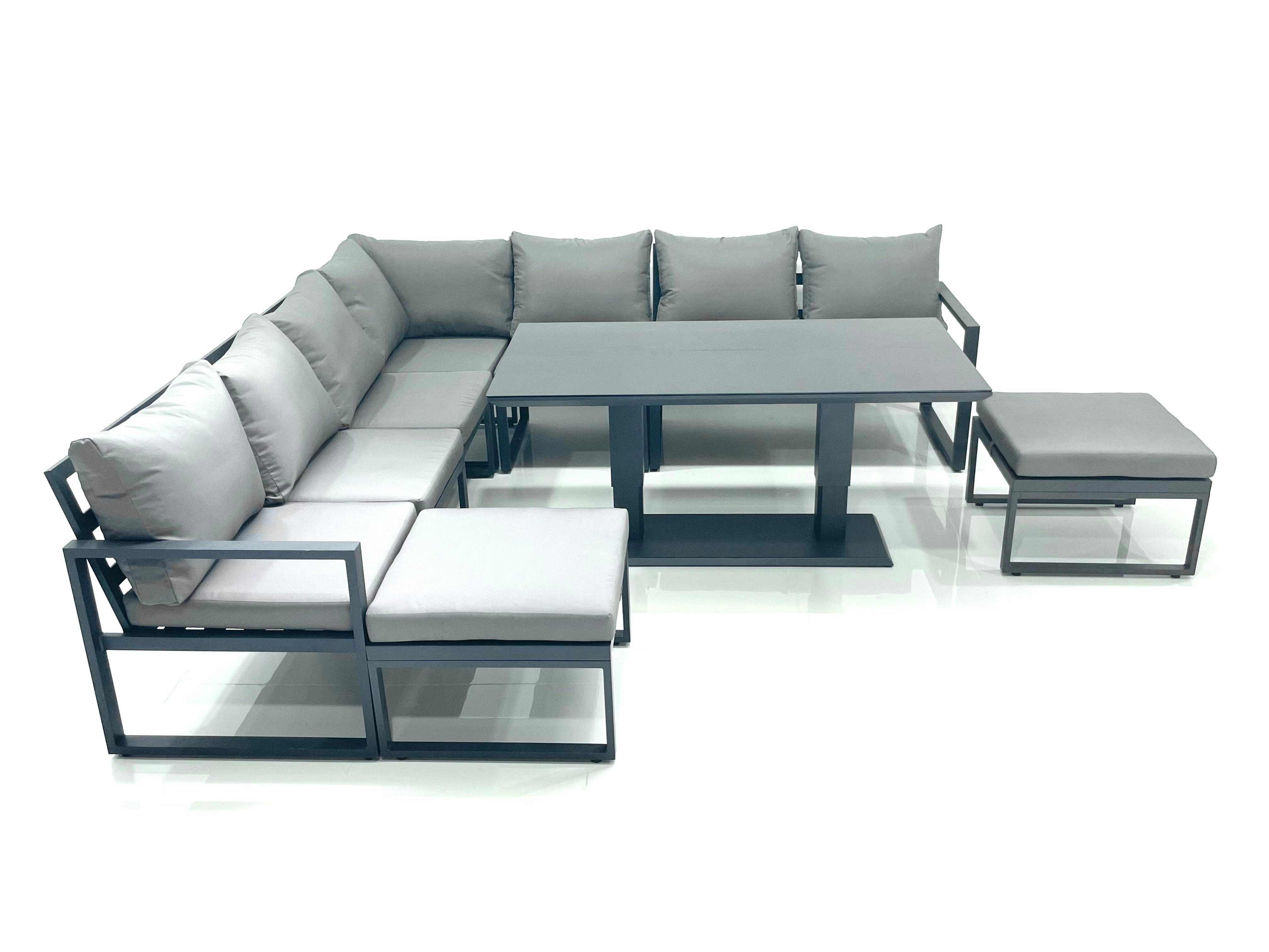 Rackhams Dark/Grey 9 Seater Outdoor Aluminum Garden Furniture Set Corner Sofa 2 Big Footstools Adjustable Rising Lifting Dining Table Sets
