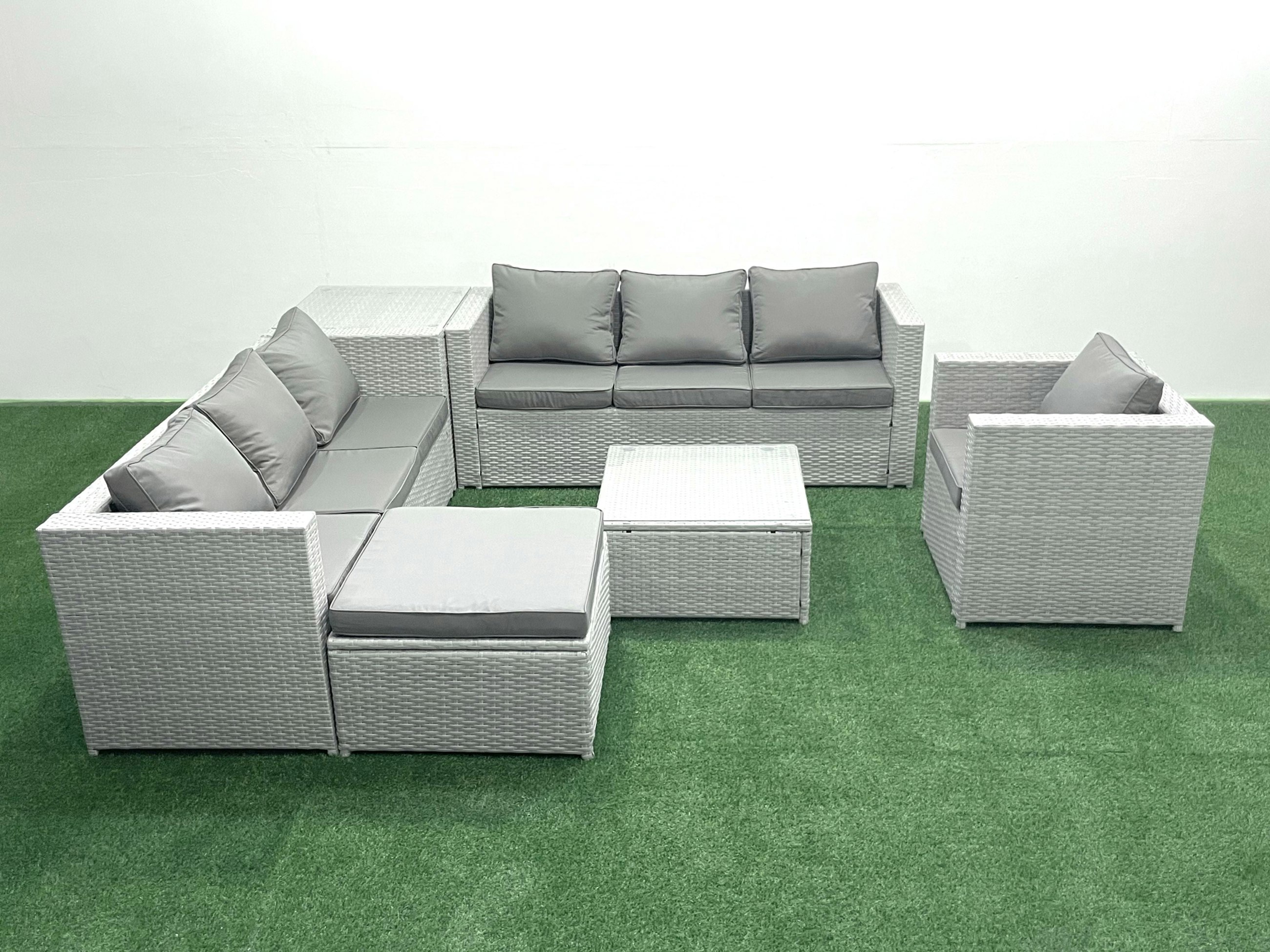 Rackhams Light/Grey Wicker Pe Rattan Sofa Garden Furniture Set With Armchair Square Coffee Table Big Footstool Side Table Mixed