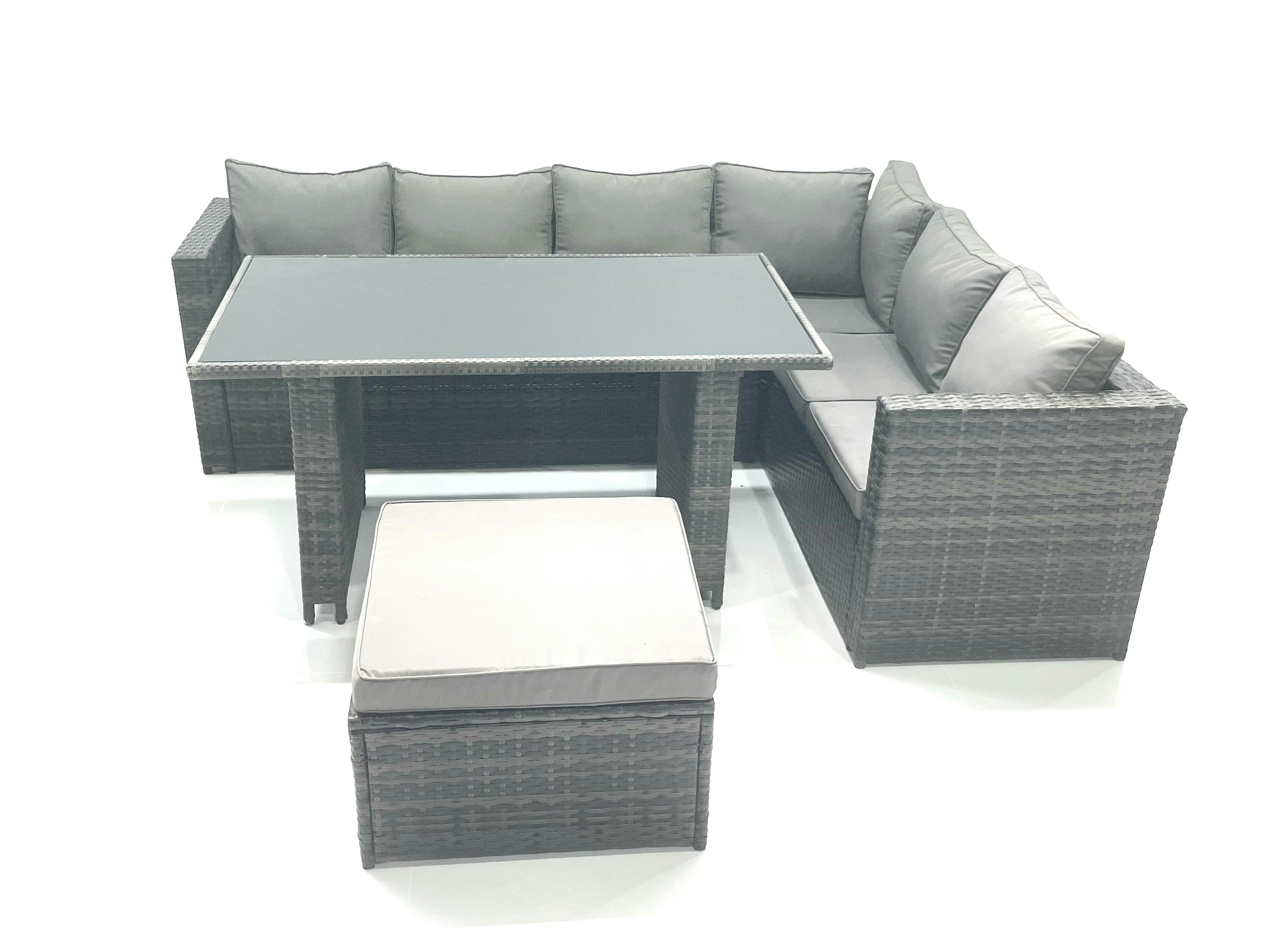 Rackhams Black 7 Seater Rattan Corner Sofa Set Rectangular Dining Table Set With Seat And Back Cushion