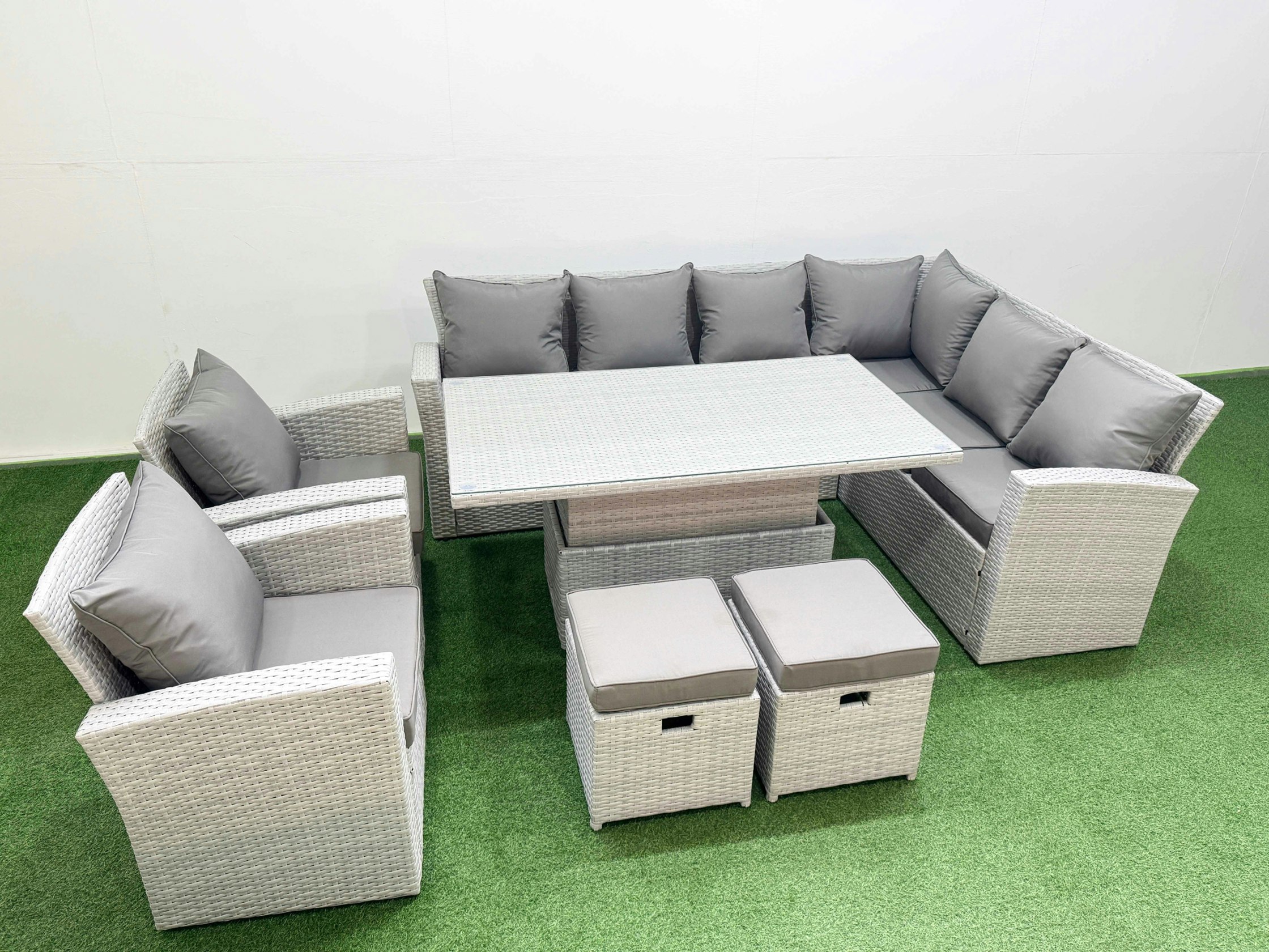 Fimous Light/Grey 10 Seat Rattan Garden Furniture Corner Sofa Set Outdoor Adjustable Lifting Dining Or Coffee Table Set With 2 Small Footstools