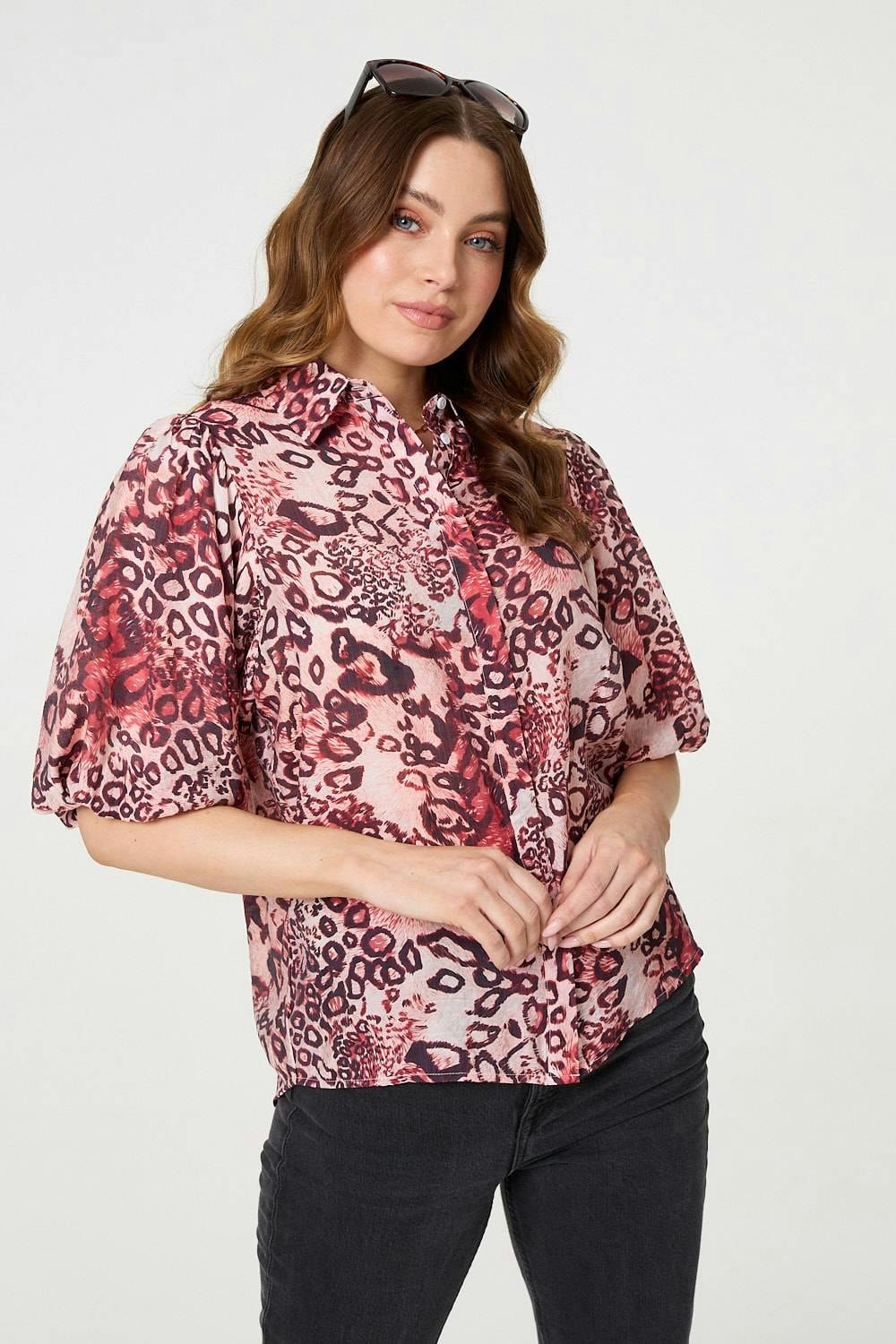 Izabel London Red Animal Print Puff Sleeve Shirt - 8
