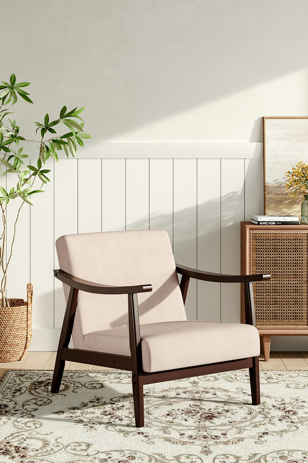 Rackhams Beige Wooden Single Armchair Sofa Accent Chair