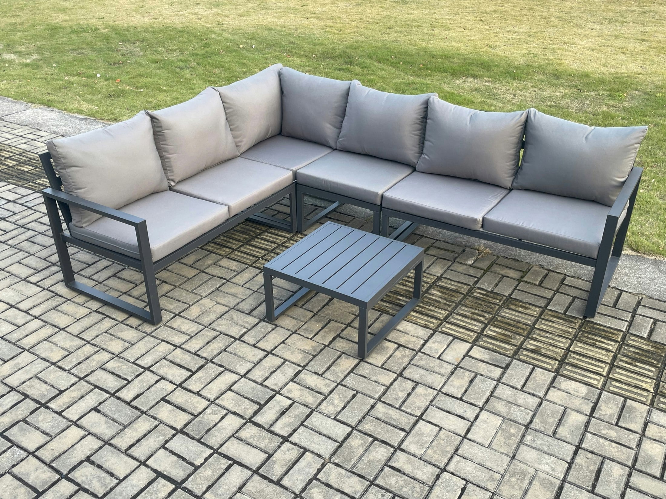 Fimous Dark/Grey Aluminium Garden Furniture Set Outdoor Lounge Corner Sofa Square Coffee Table Sets 6 Seater