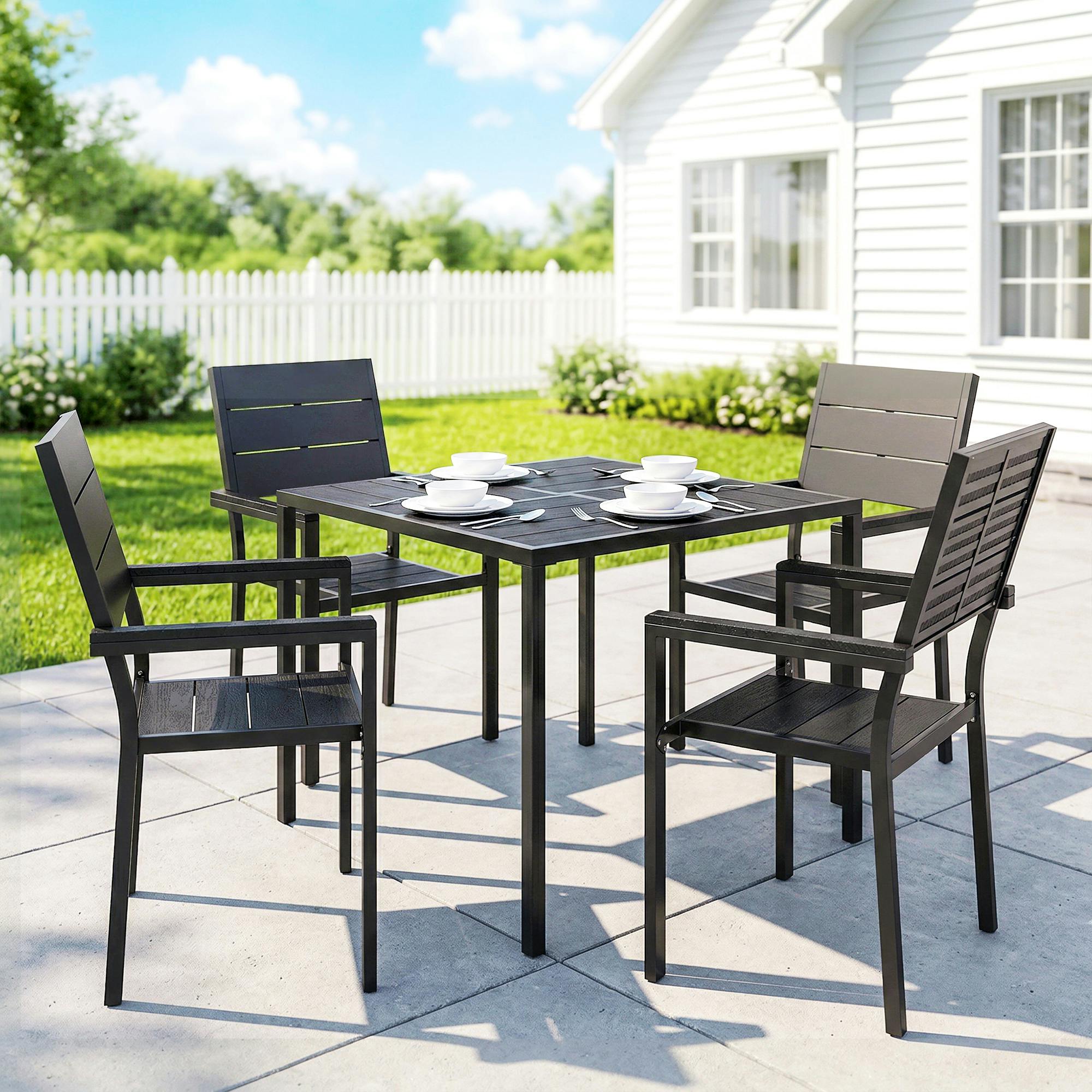 Rackhams Black 5 Pieces Garden Dining Set, Outdoor Furniture With Hdpe Table - 86 - Metal, Hdpe - Assembly Required