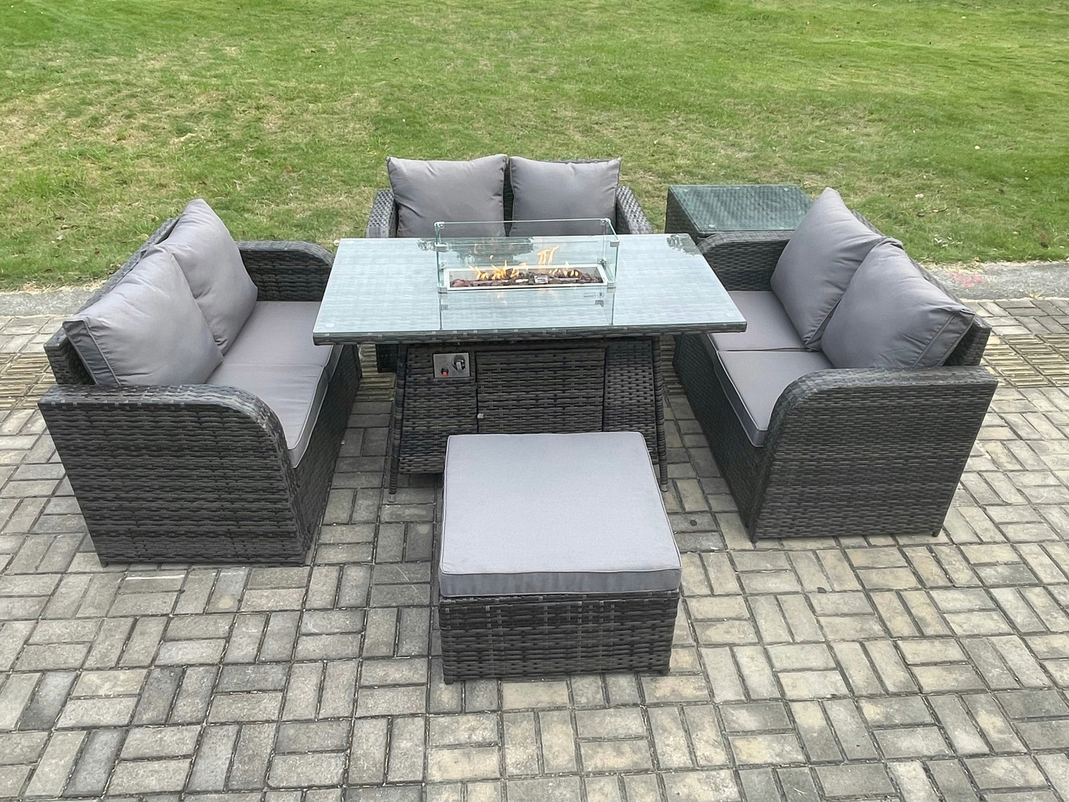 Fimous Dark/Grey Rattan Outdoor Garden Furniture Sofa Set Gas Fire Pit Dining Table Gas Heater With Side Table Love Sofa Big Footstool Mixed