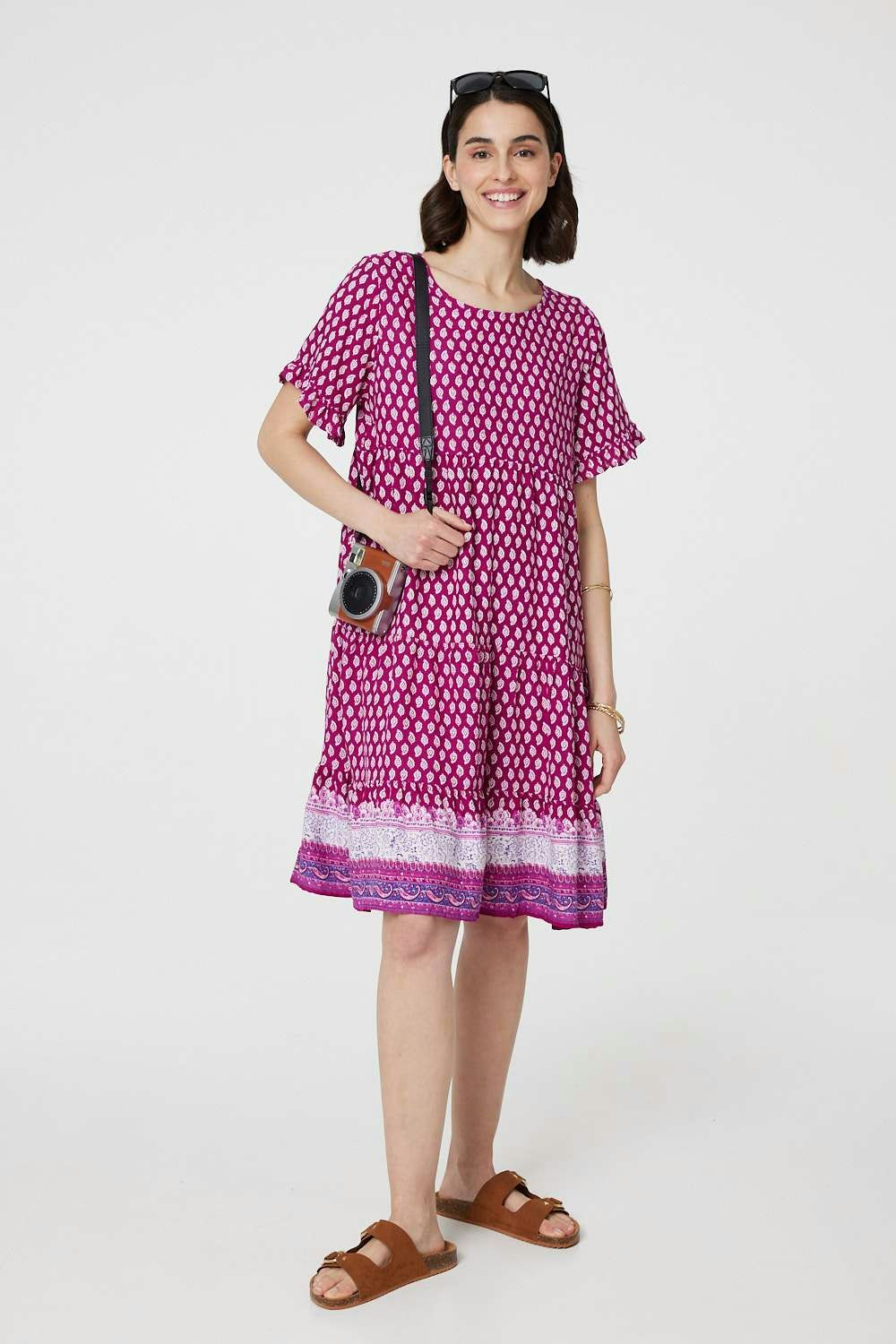 Izabel London Pink Printed Short Sleeve Tiered Smock Dress - 8