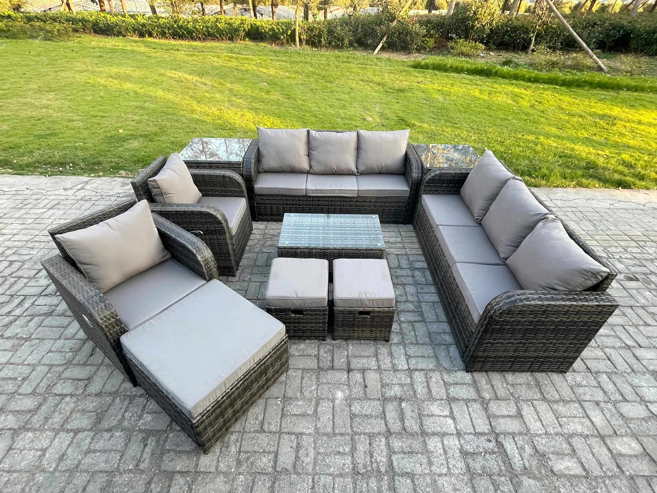 Rackhams Dark/Grey 11 Seater Rattan Furniture Set With Sofa, Coffee Table, 2 Reclining Chairs, 2X 3 Seater Sofas, 3 Footstools & 2 Side Tables - Mixed