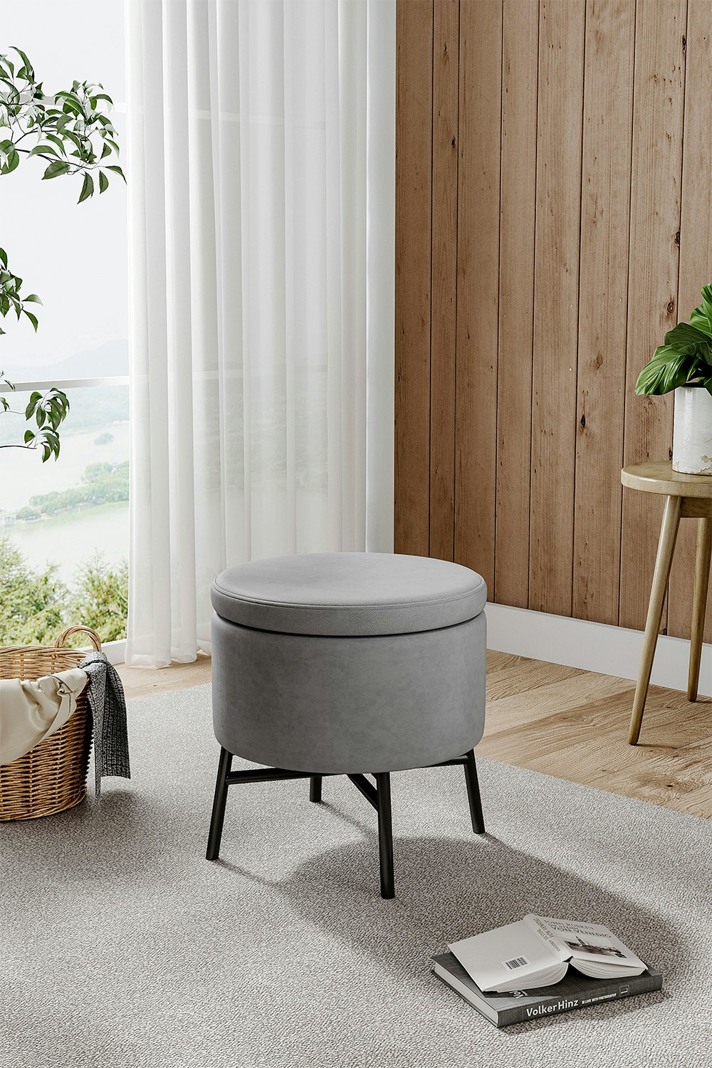 Living And Home Grey Contemporary Velvet Storage Ottoman Footstool