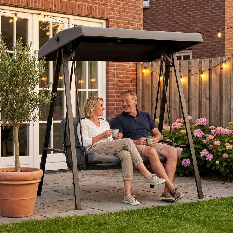 Rackhams Dark/Grey Two-Seater Garden Swing Bench, With Adjustable Canopy