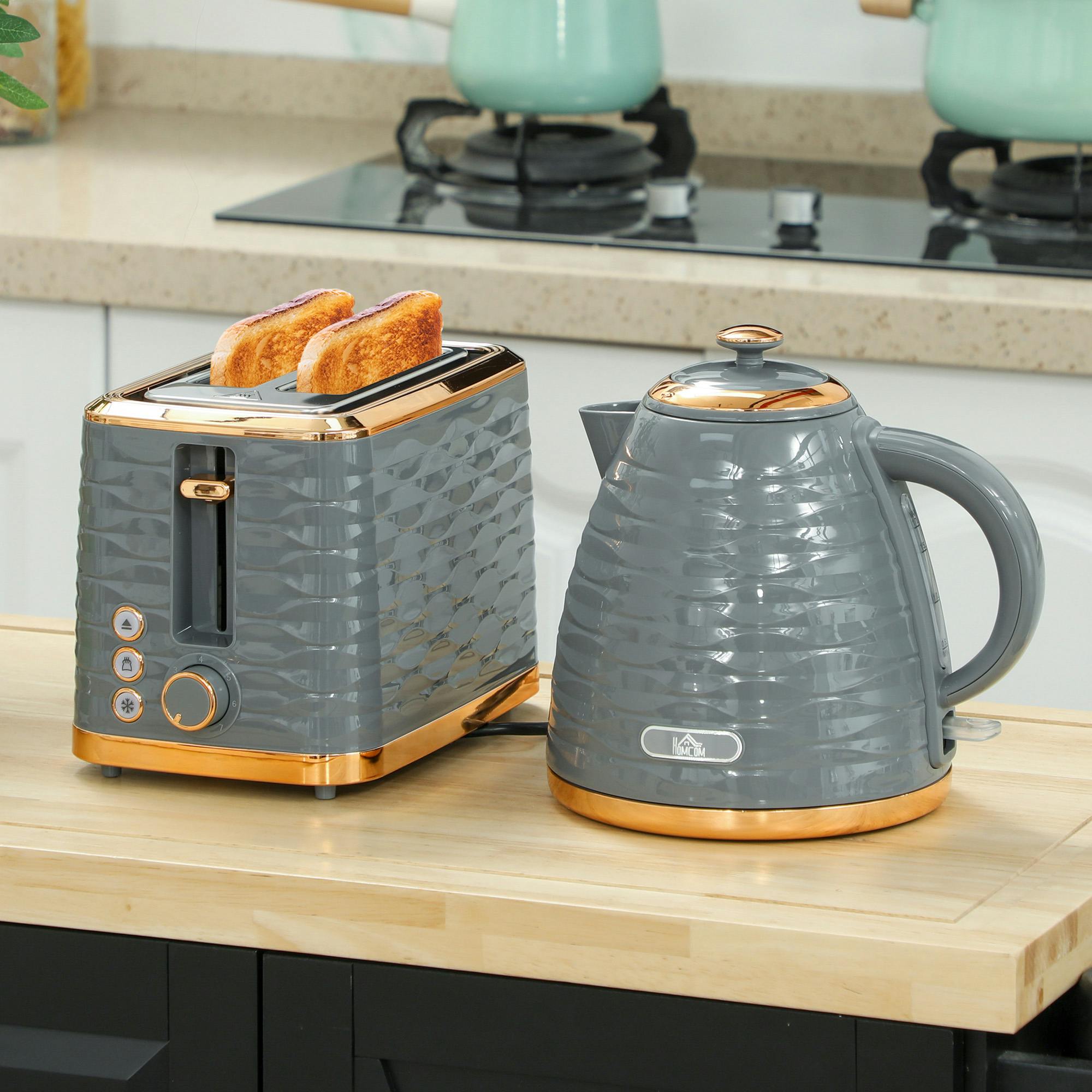 Homcom Grey Kettle And Toaster Set 1.7L Rapid Boil Kettle & 2 Slice Toaster
