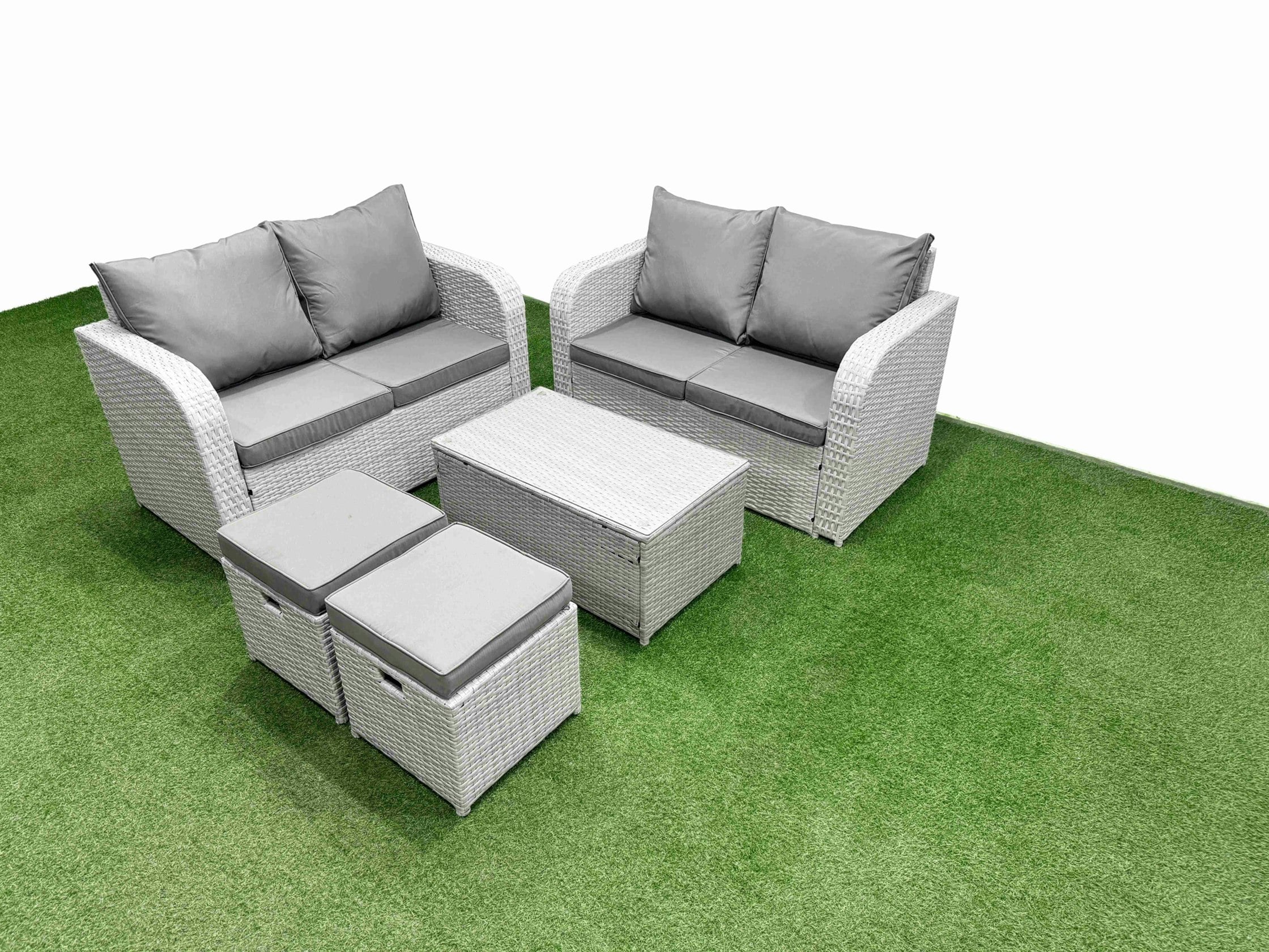 Rackhams Light/Grey 6 Seater Outdoor Love Sofa Set Rattan Garden Furniture Set With Rectangular Coffee Table 2 Small Stools