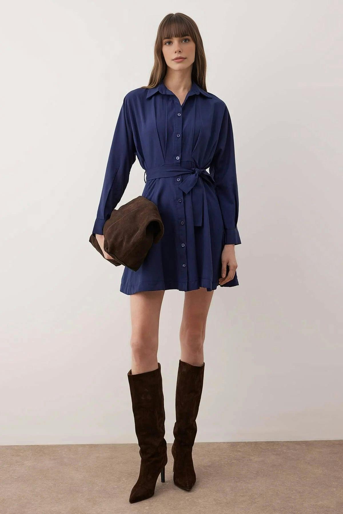 Wovcor Mini Woven Shirt Dress With Belt Detail - Navy - 14