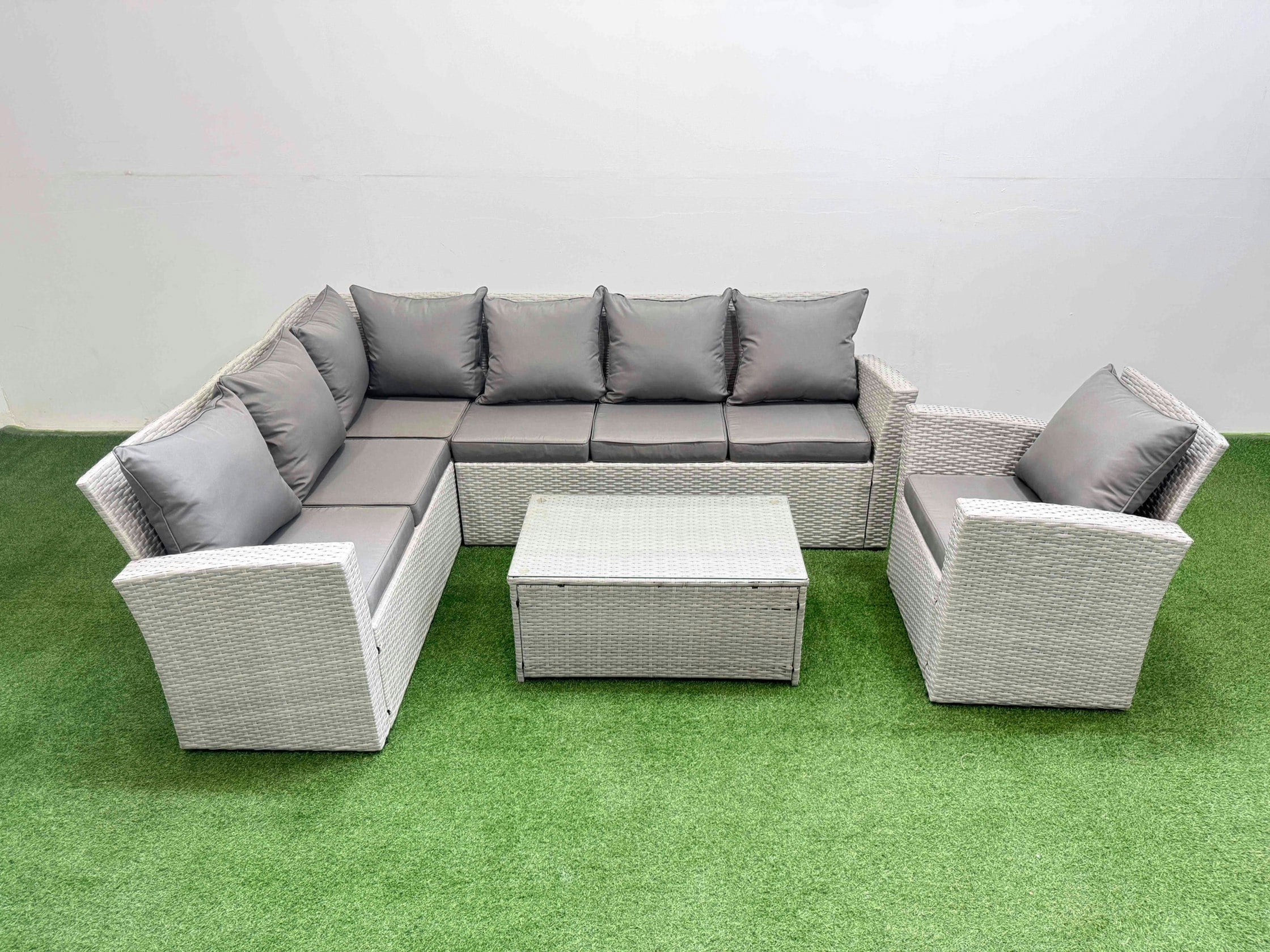 Fimous Light/Grey 7 Seater Garden Outdoor Pe Rattan Furniture Set Rattan Garden Sofa Set With Big Footstool Mixed