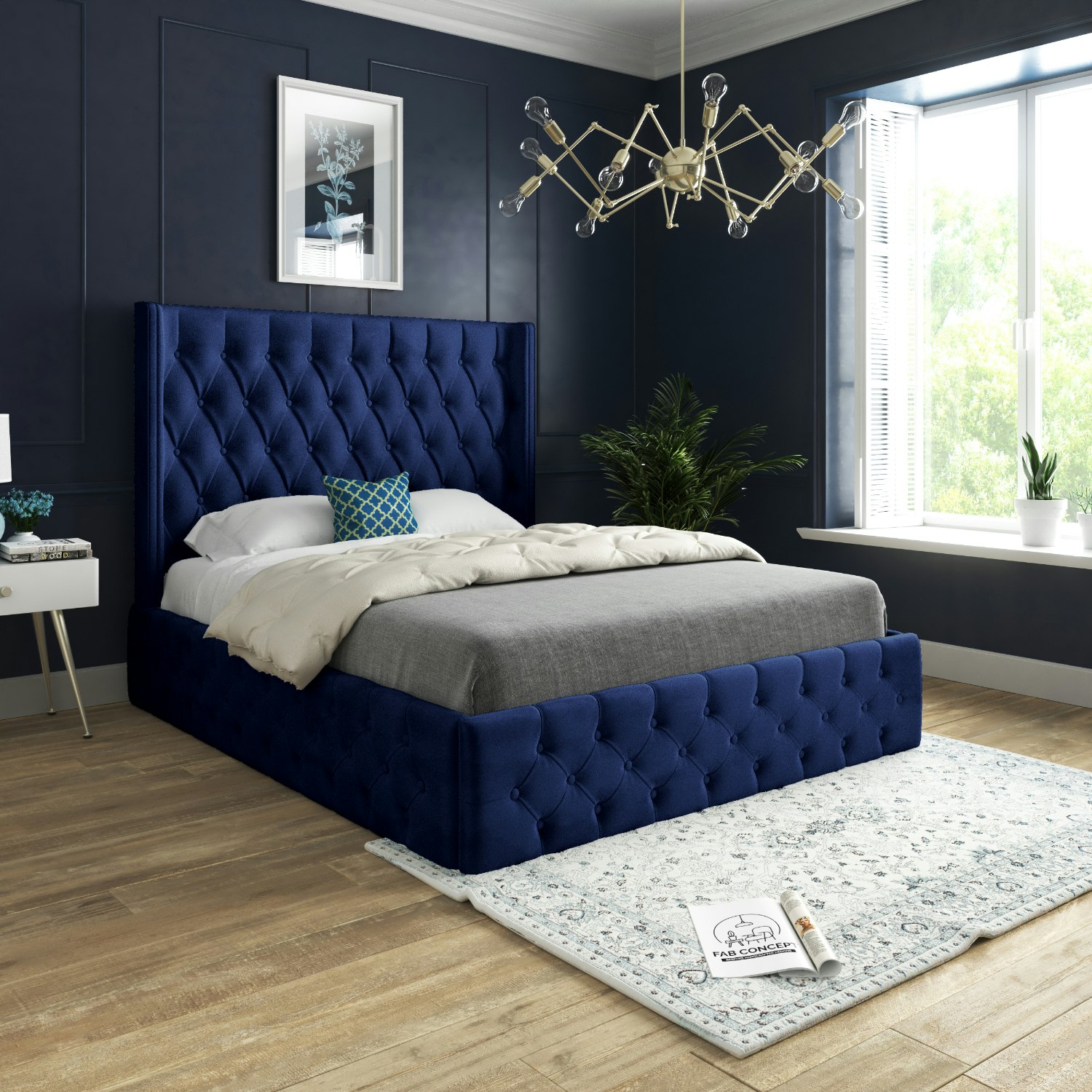 Rackhams Blue Turin Straight Winged Upholstered Soft Velvet Bed Frame - Double