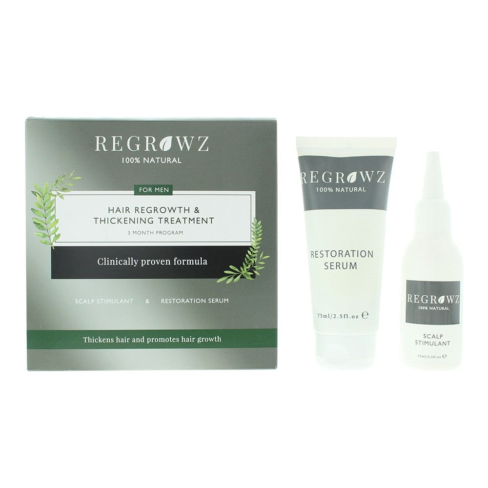 Regrowz Men's Hair Regrowth & Thickening Treatt Three Month Program For - Scalp Stimulant 75Ml - Restoration Serum 75Ml - Comb