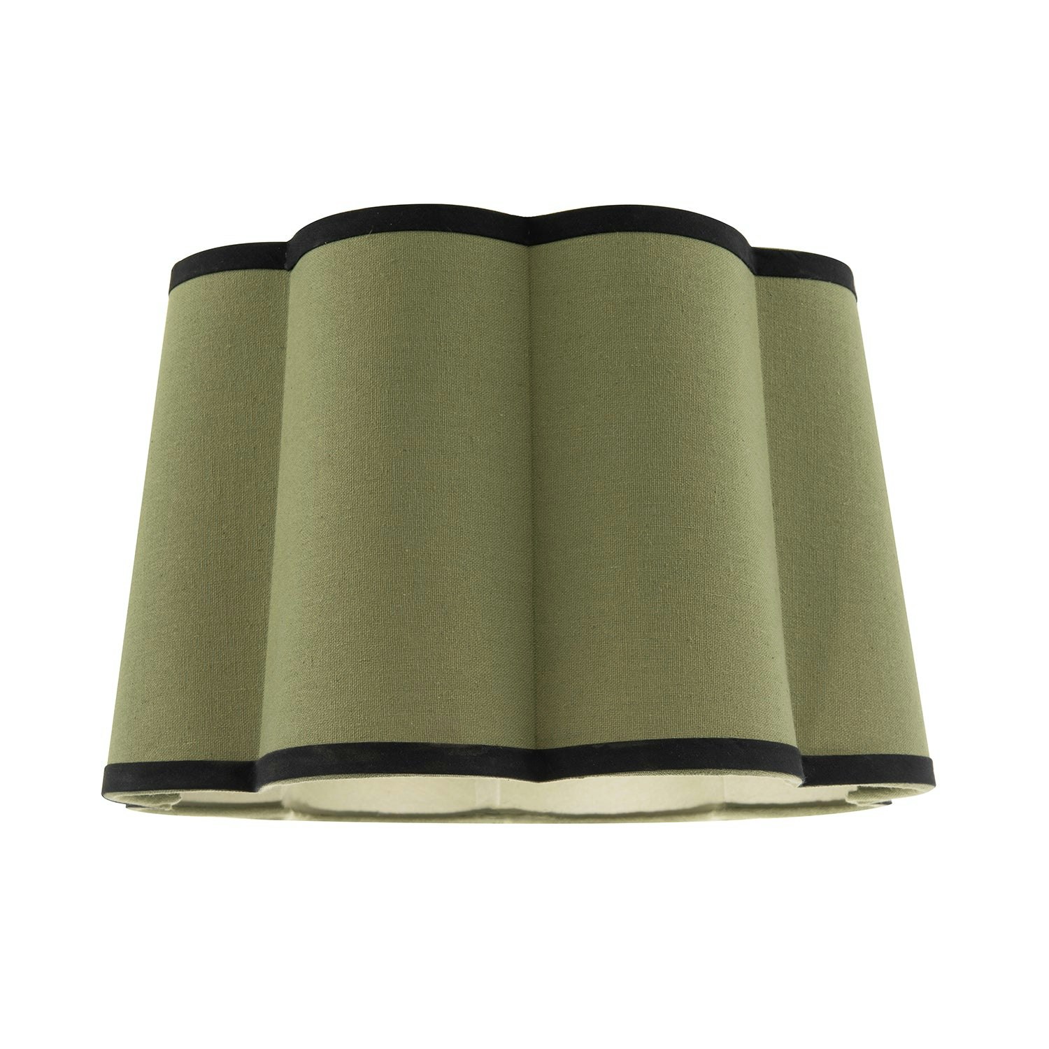 Rackhams Green/Black Olive Linen Scallop Drum Lamp Shade With Cotton Trims