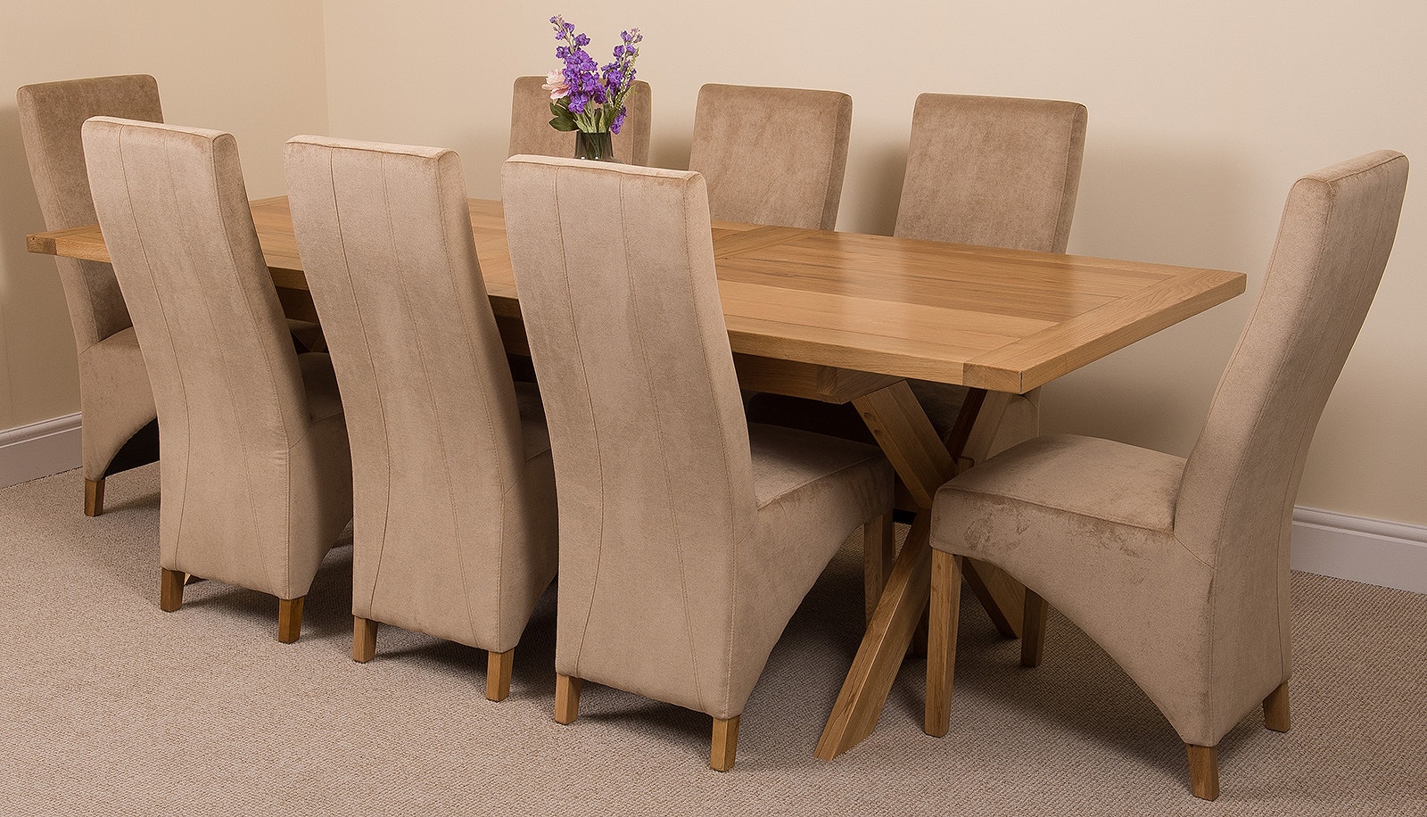 Rackhams Beige Vermont Cross Leg Oak Extending Dining Table With Lola Fabric Chairs - Chairs Size 8
