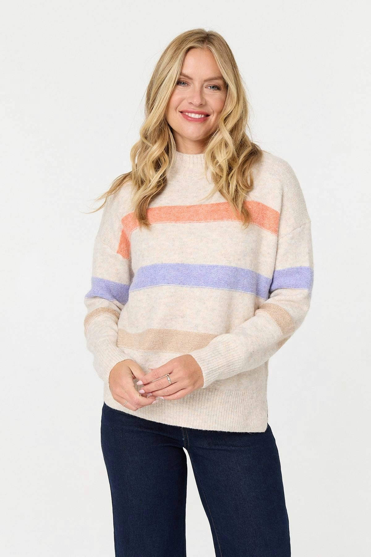 Izabel London Beige Striped High Neck Boxy Jumper - 14