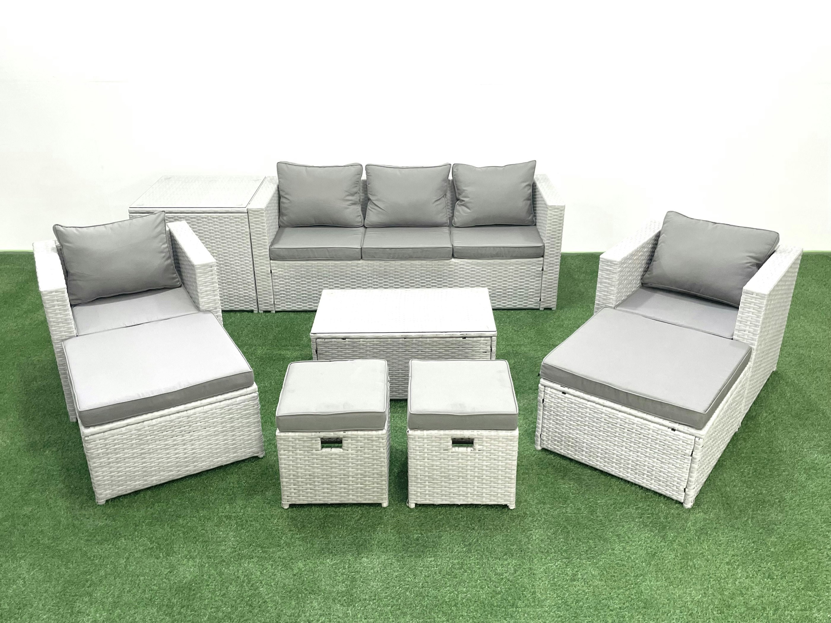 Fimous Light/Grey 9 Pieces Rattan Garden Furniture Set Outdoor Garden Sofa Chair Coffee Table Set With Side Table 4 Footstools Mixed