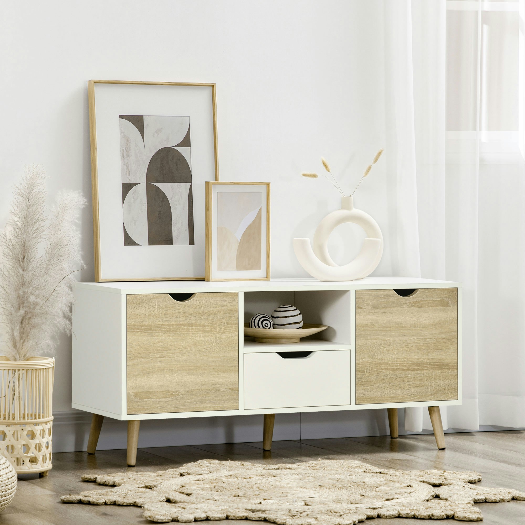 Rackhams White Tv Cabinet Entertainment Centre W/ Storage Cabinet And Drawer, Natural