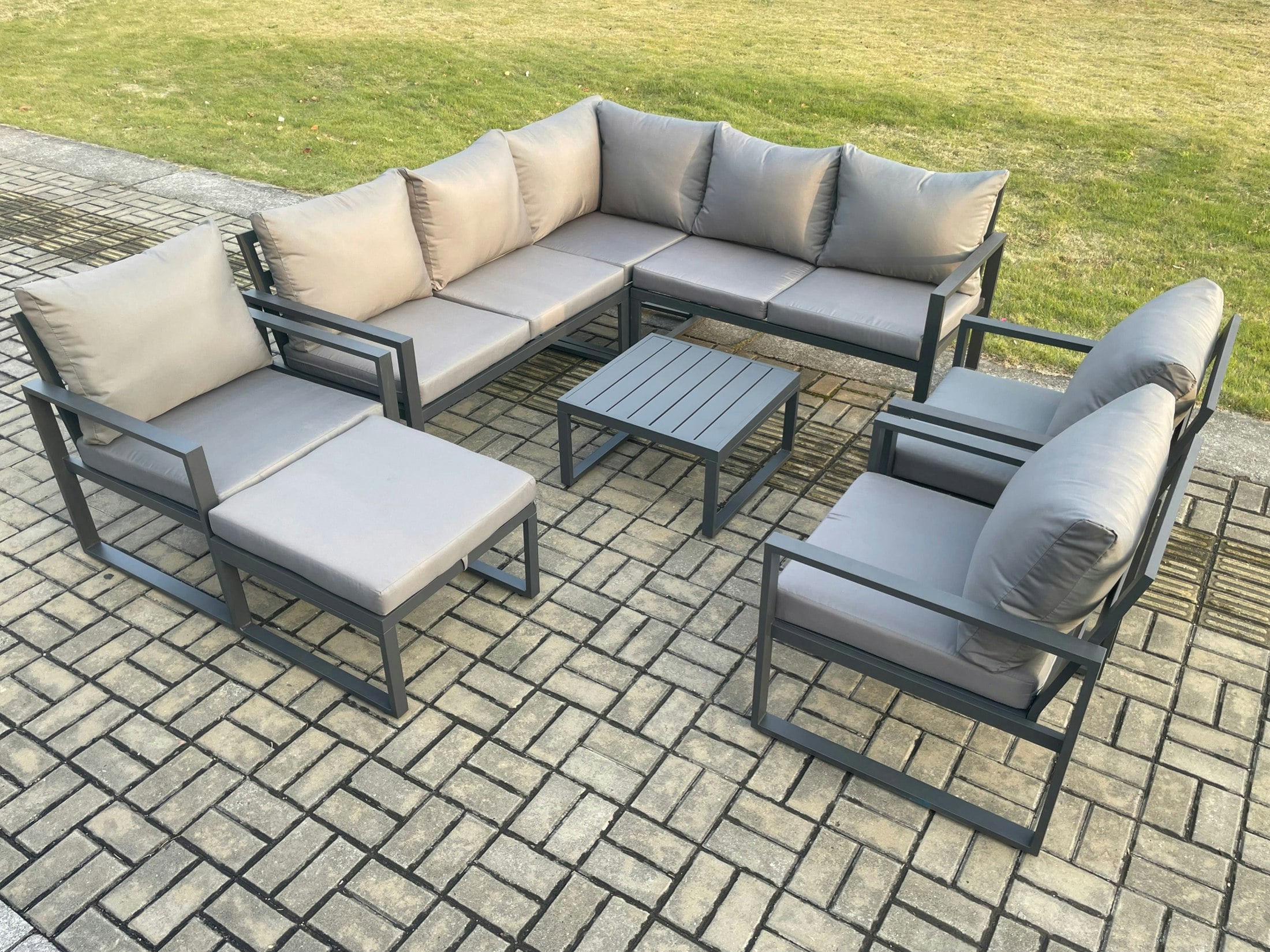 Fimous Dark/Grey 9 Seater Outdoor Aluminium Garden Furniture Set Corner Lounge Sofa Set With Square Coffee Table Chair Big Footstool