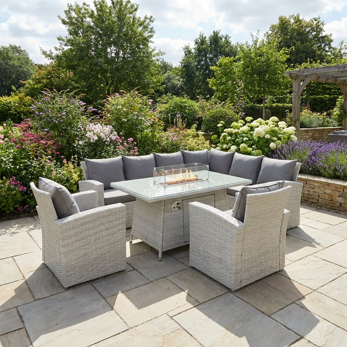 Fimous Light/Grey 7 Seater Rattan Corner Sofa Set With Gas Fire Pit Dining Table & 2 Chairs