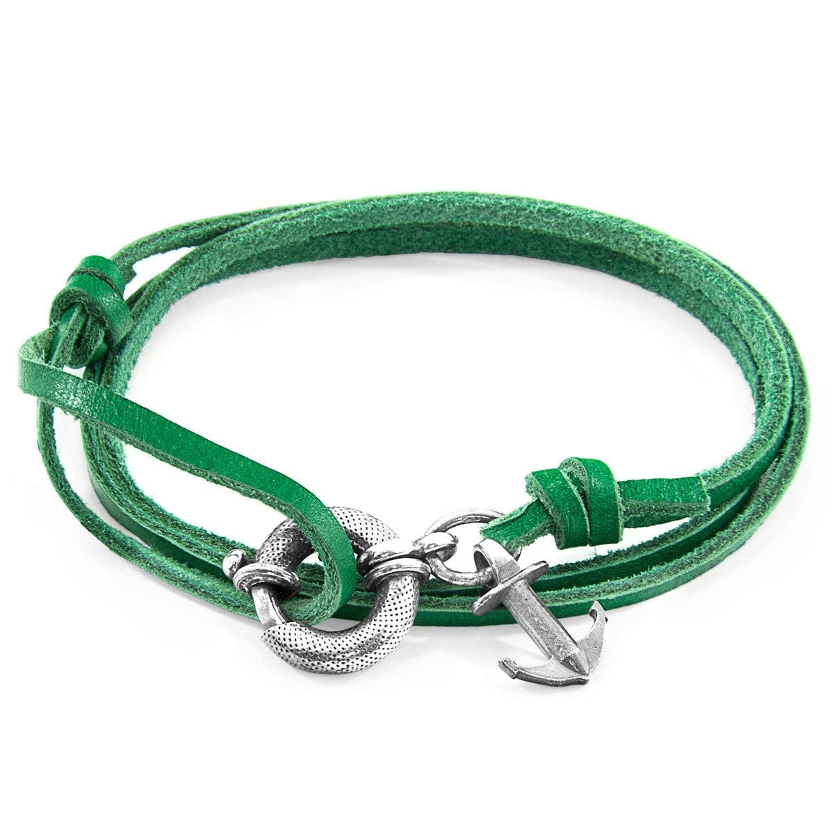 Anchor & Crew Green/Silver Fern Clyde Anchor And Flat Leather Bracelet
