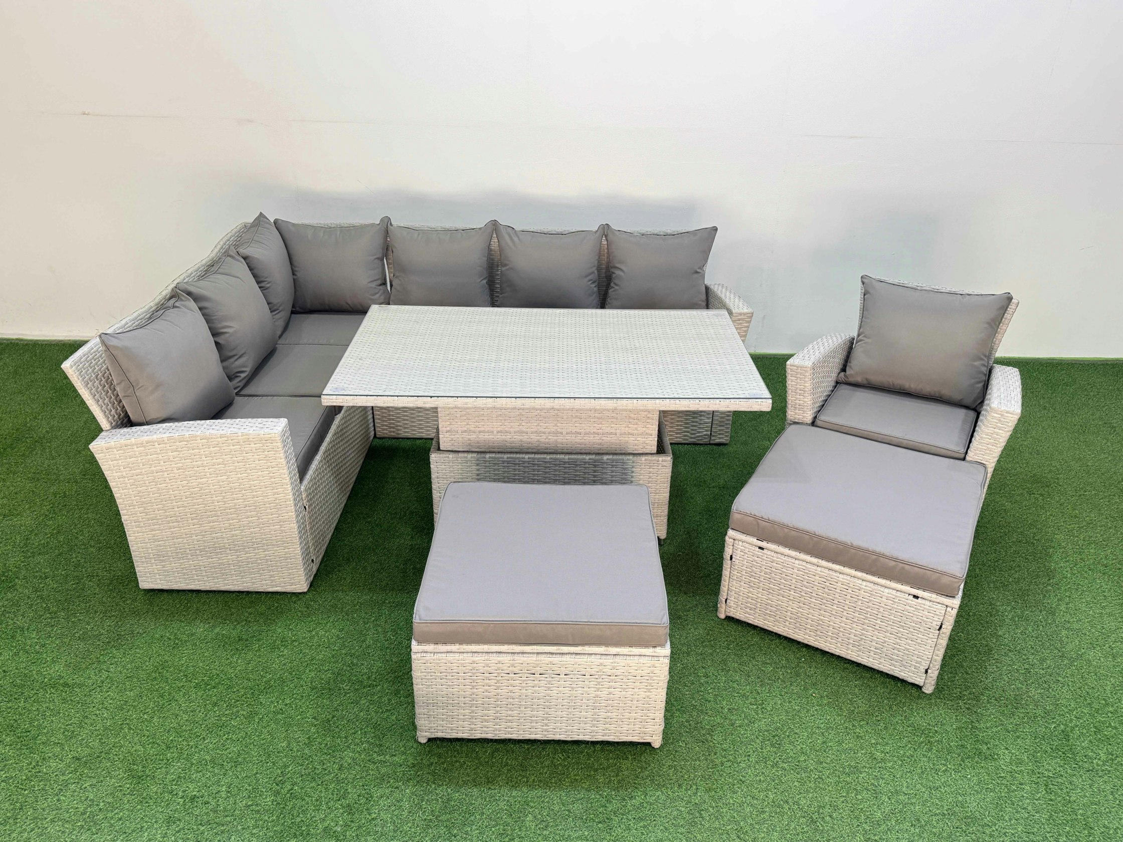 Fimous Light/Grey 9 Seat Rattan Outdoor Garden Furniture Corner Sofa Set Adjustable Lifting Dining Or Coffee Table Set With 2 Big Footstools