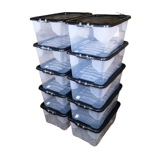 Rackhams Black 10 X 42L Clear Storage Box With Lid, Stackable And Nestable Design Storage Solution
