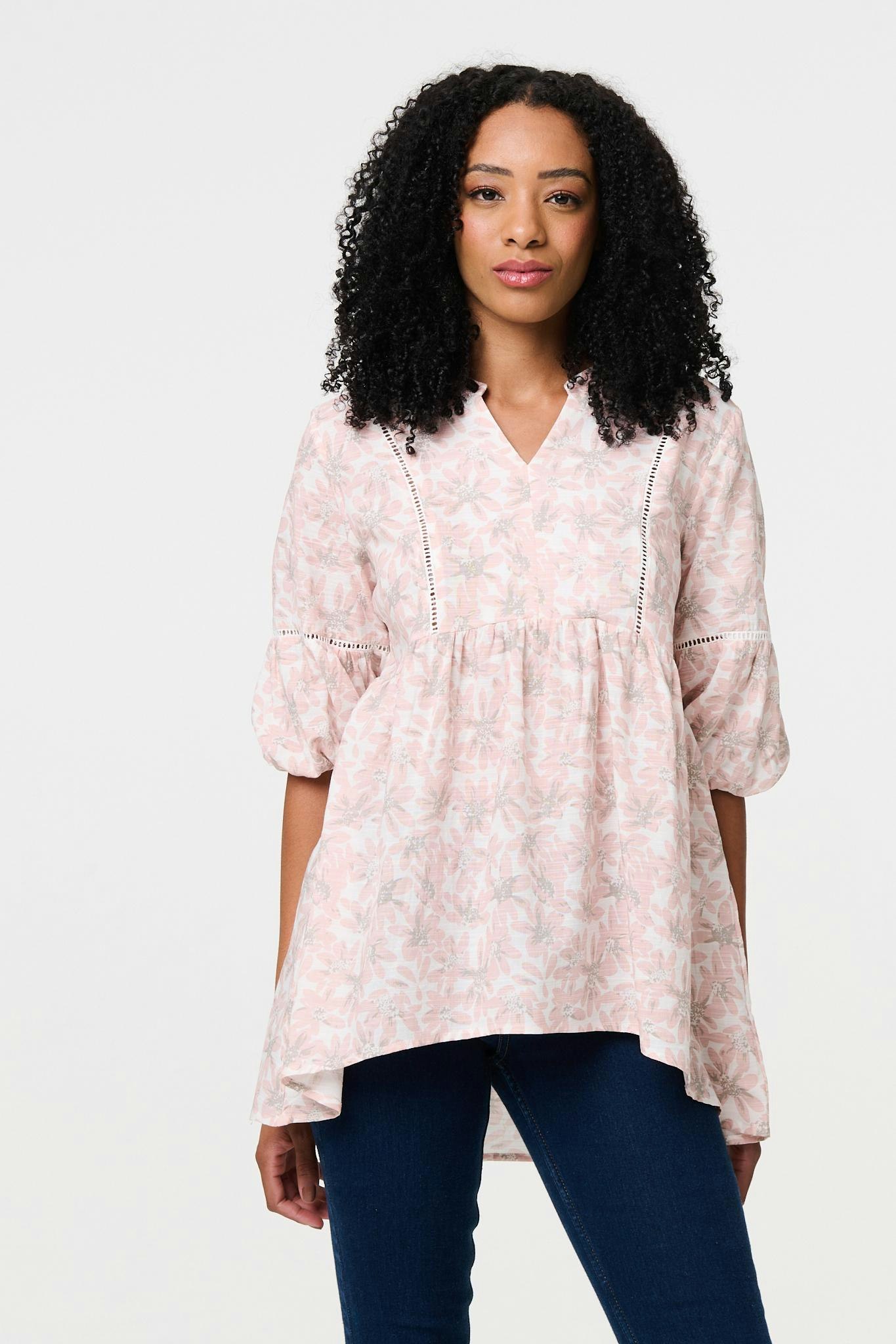 Izabel London Women's Pink Floral Curve Hem 3/4 Puff Sleeve Blouse - 10
