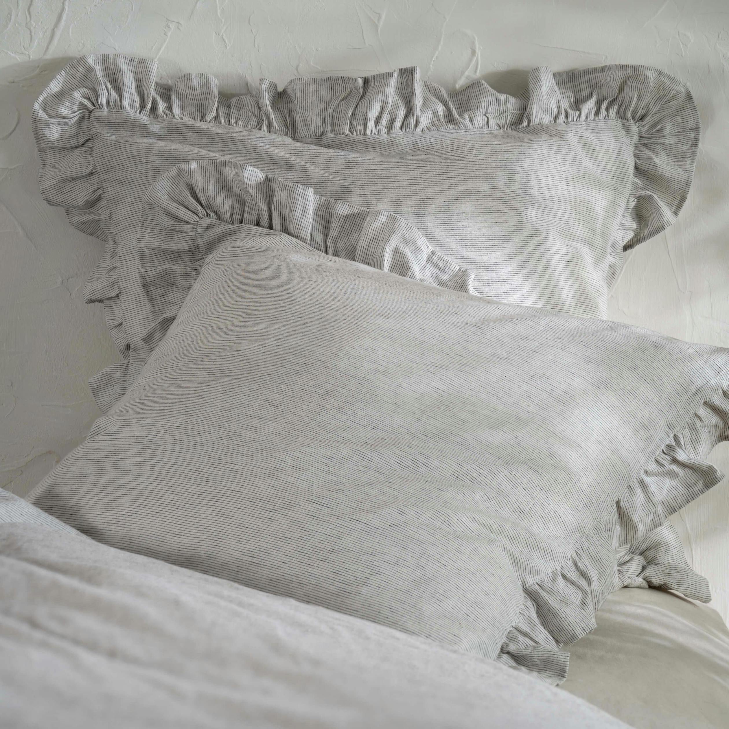 Rackhams White/Grey & Ruffled Linen Cotton Blend Pillowcases - Square - Pair - Oxford
