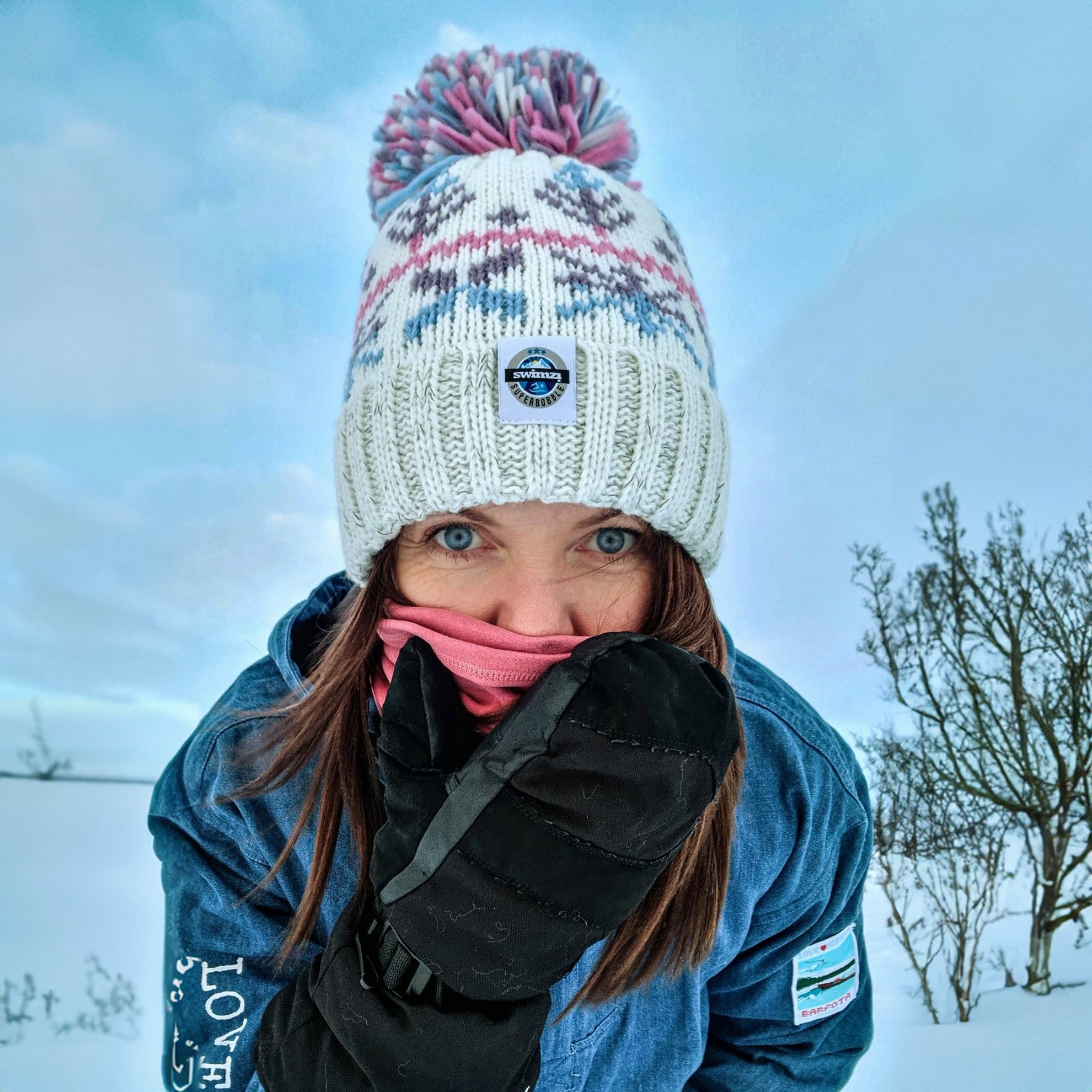 Pastel Ice Crystal Nordic Knit Super Bobble Hat Purple White - Image 3
