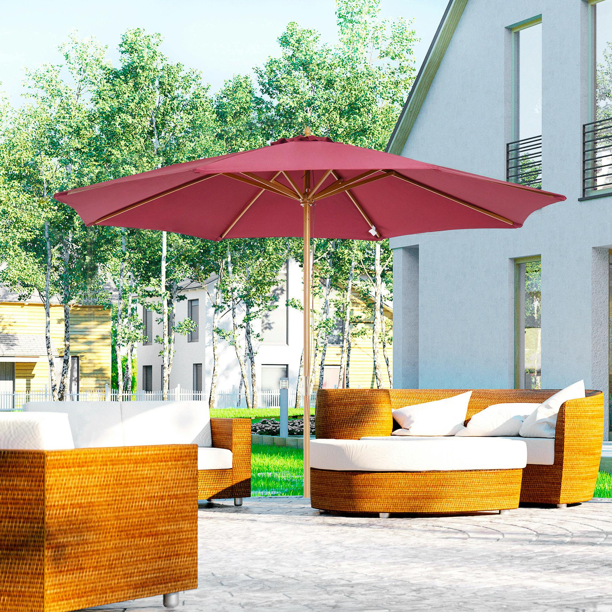Rackhams Cream/White 3(M) Garden Parasol, Pulley Operated Patio Umbrella, Wooden Parasol, Table Market Umbrella With Rope Pulley Mechanism And 8 Ribs,