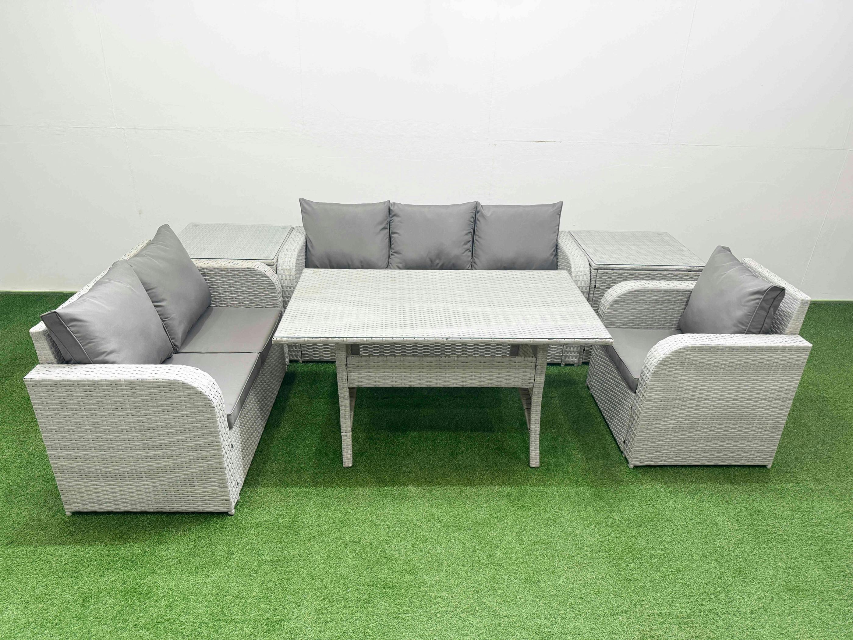 Fimous Light/Grey 6 Seater Pe Wicker Rattan Garden Furniture Patio Set, Dining Table, Reclining Chair, Loveseat, 3 Seater Sofa, 2 Side Table,