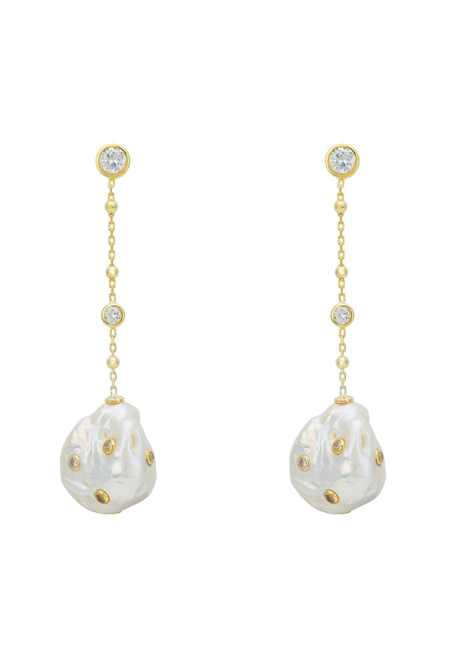Latelita Gold Polka Dot Baroque Pearl Chain Drop Earrings Cz