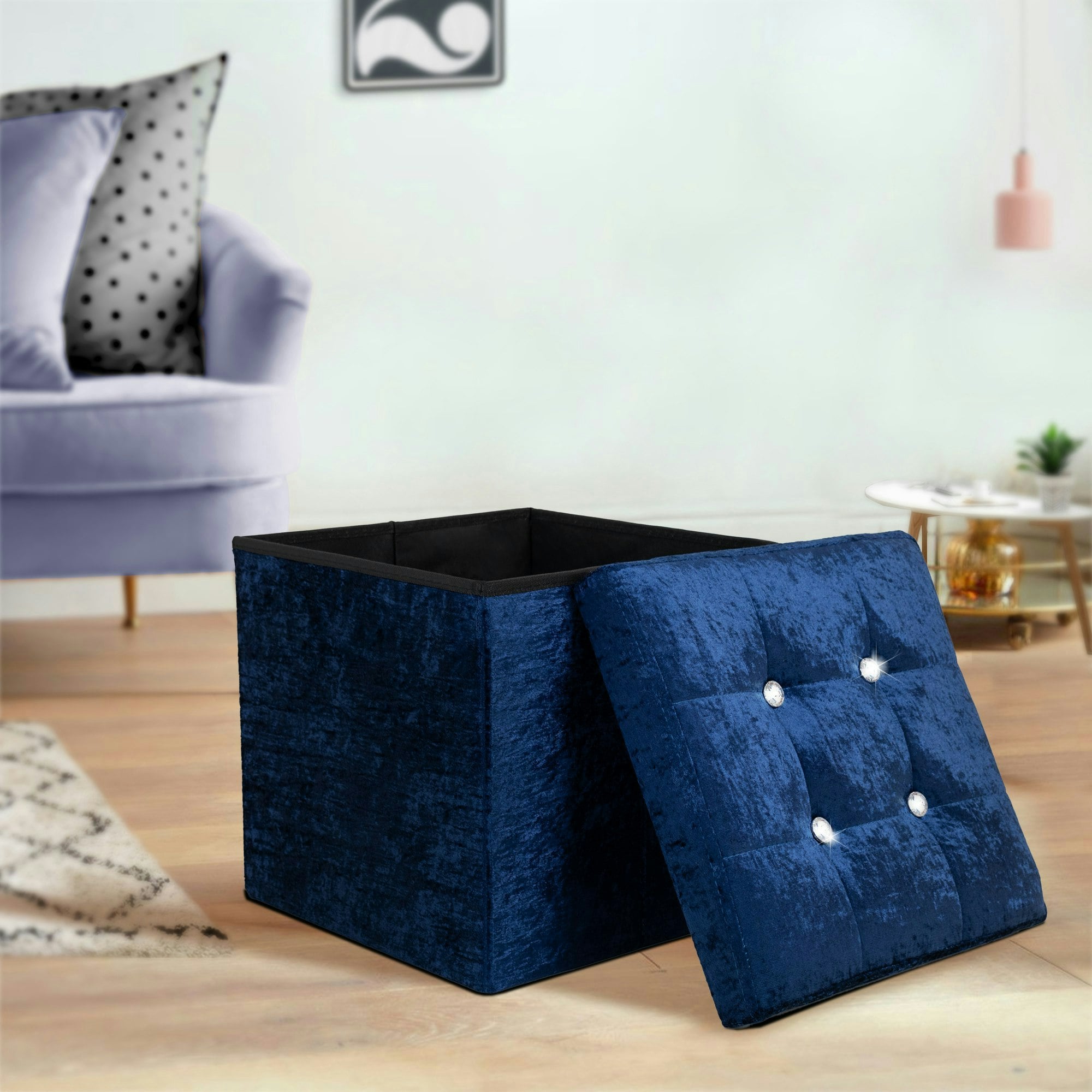 Rackhams Blue Crushed Velvet Storage Ottoman - 38Cm X 38Cm Foldable