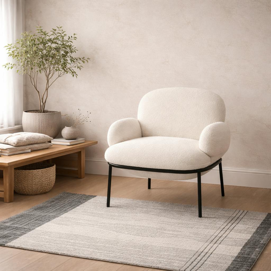 Rackhams Ivory/Black Tritta Curved Sherpa Boucle Accent Chair Metal Legs