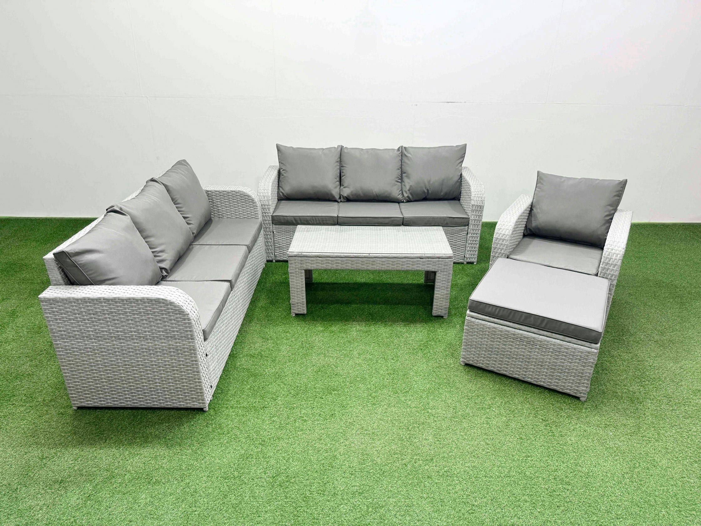 Fimous Light/Grey 8 Seater Poly Rattan Outdoor Sofa Set - With Oblong Coffee Table, 3-Seater Sofa, Reclining Chair & Footstool
